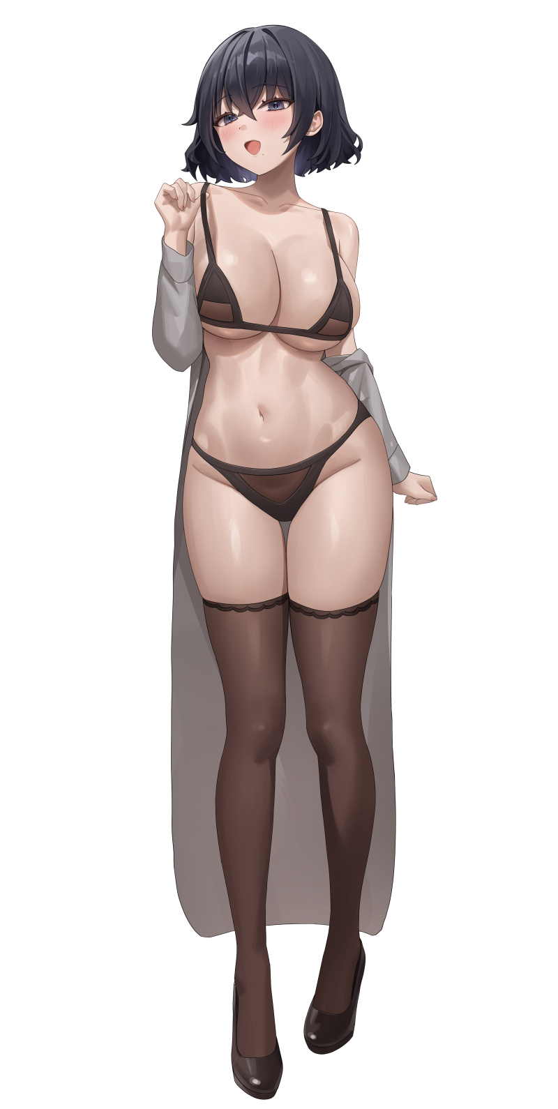 1girls, bare arms, bare midriff, bare shoulders, bare thighs, belly, belly bulge, belly button, black bra, black eyes, black hair, black panties, black shoes, black thighhighs, black underwear, blush, bra, breasts, character request, cleavage, collarbone, copyright request, dot nose, elbows, embarrassed female, feet, female, female focus, female only, groin, hair between eyes, high resolution, highres, hinaki0102, hourglass figure, knees, large breasts, legs, light skin, looking at viewer, navel, nude, off shoulder, panties, shoes, short hair, simple background, slender body, slender waist, slim female, slim waist, smile, smiling, smiling at viewer, soles, solo, standing, thick thighs, thighhighs, thighs, thin waist, underwear, v-line, white background