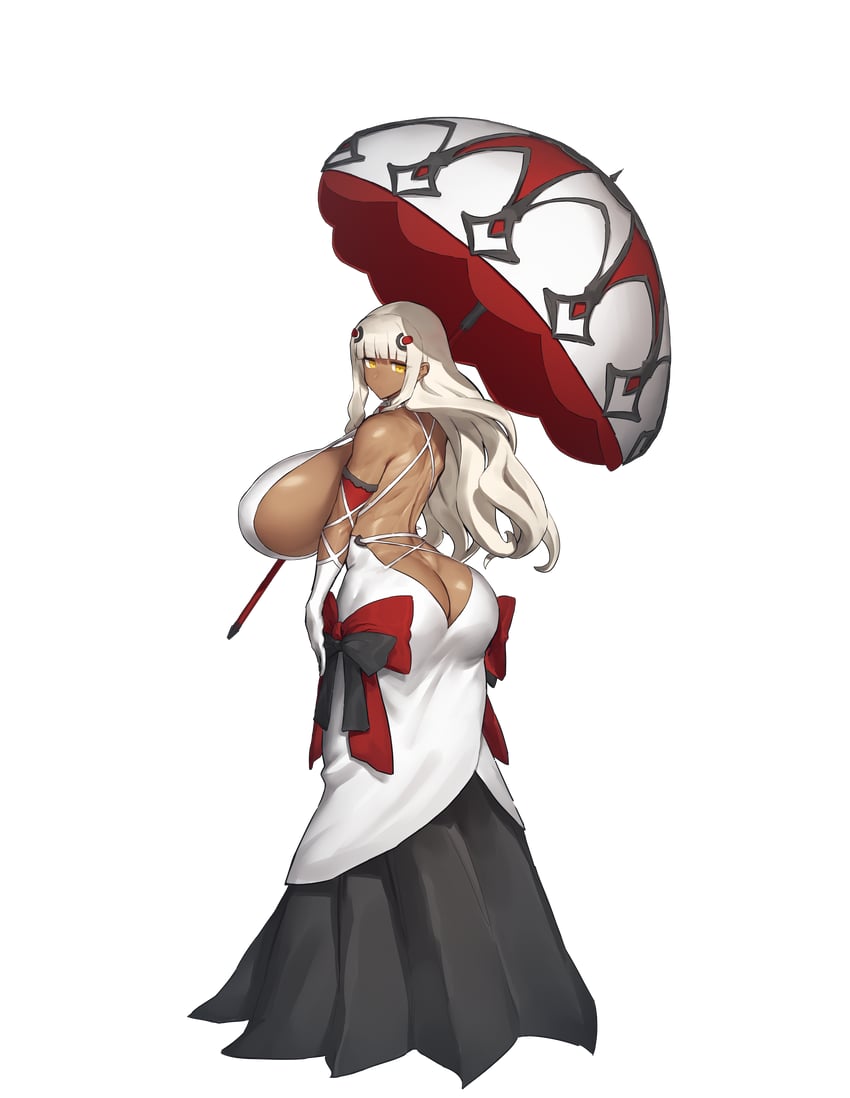 ass, breasts, dark skin, dark-skinned female, female, huge ass, huge breasts, melon22, orange eyes, white hair