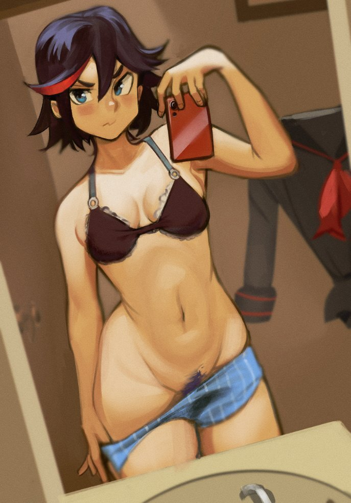 1girls armpits bloop bra breasts girl kill_la_kill matoi_ryuuko mirror mirror_selfie multicolored_hair pubic_hair pubic_hair_peek selfie short_hair smartphone solo standing tagme taking_picture undressing