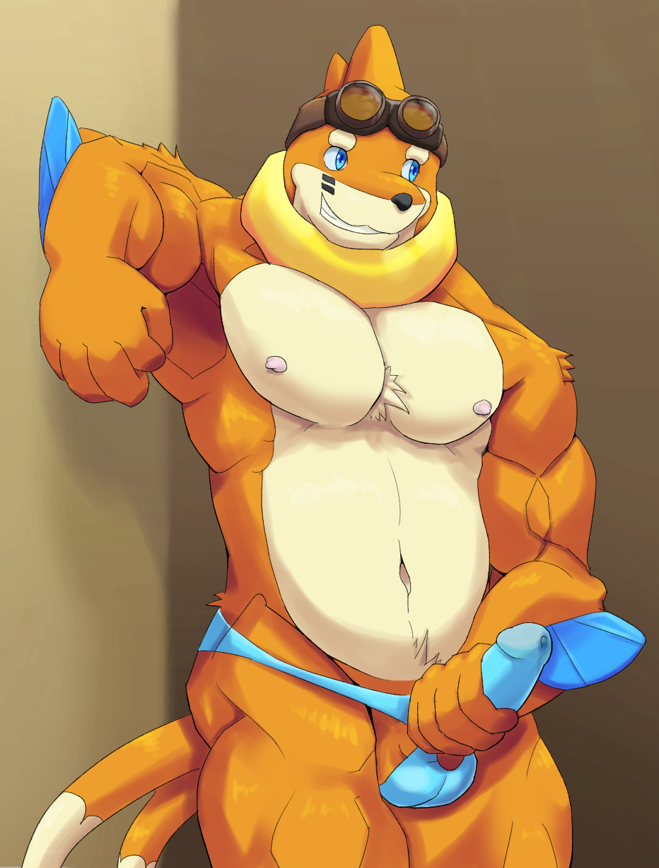 2016 anthro balls biped blue_eyes buizel bulge clothing digital_media_(artwork) erection eyewear eyewear_on_head fur gay generation_4_pokemon genital_outline genitals goggles goggles_on_head hi_res holding_penis humanoid_genitalia humanoid_penis looking_away male muscular muscular_anthro muscular_male navel nintendo orange_body orange_fur pecs penis penis_outline pokemon pokemon_(species) simple_background smile solo standing tail text underwear viridianvariant