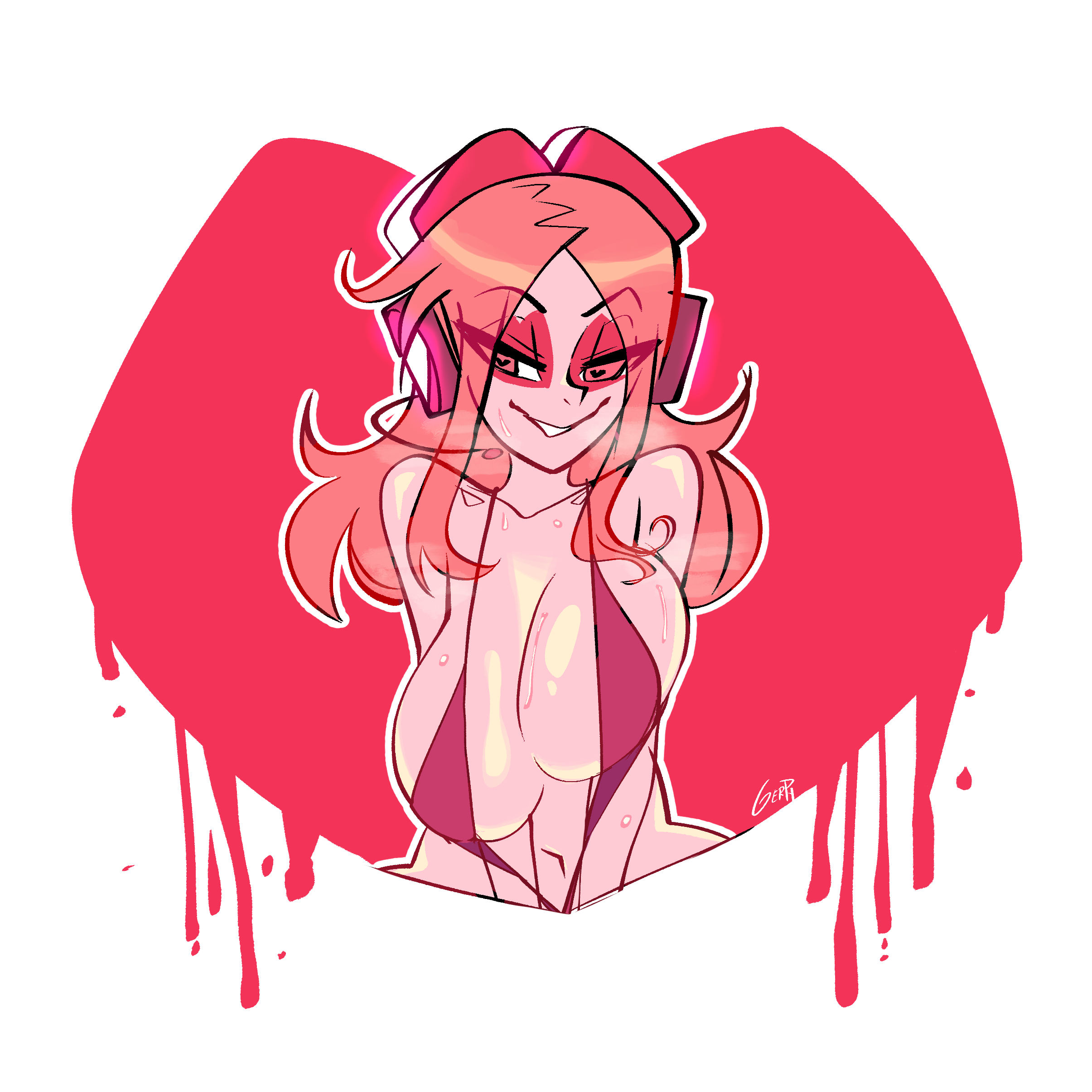 1girls, bare arms, bare legs, bare shoulders, bare thighs, big breasts, breasts, clothed, clothing, color, female, female focus, female only, gerph, headphones, heart-shaped pupils, hi res, large breasts, long hair, looking at viewer, miss heed (villainous), one-piece swimsuit, pink body, pink eyes, pink hair, smile, solo, solo female, sweat, tagme, villainous