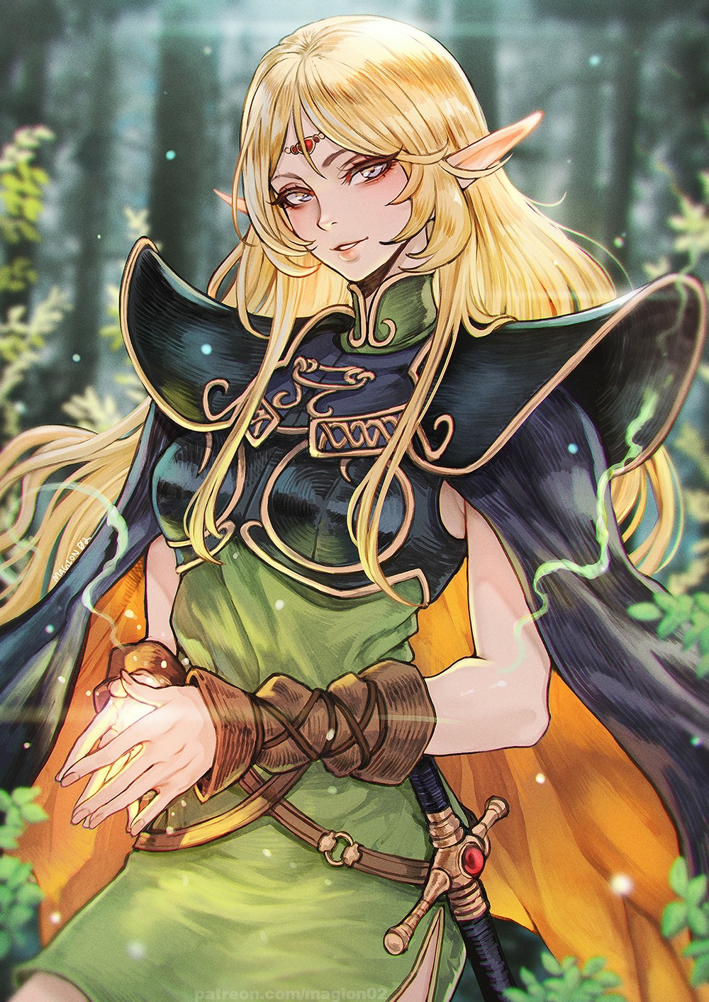 1girl 2023 armor blonde_hair collared_shirt deedlit elegant elf elf_ears facebook fae fanart forehead_jewel green_tunic hands_clasped high_elf jewelry long_ears long_hair magic magion02 nature pale-skinned_female pale_skin rapier record_of_lodoss_war retro rpg shoulder_pads sleeveless sleeveless_tunic spirit spiritual sword tabletop_game tunic wrist_cuffs