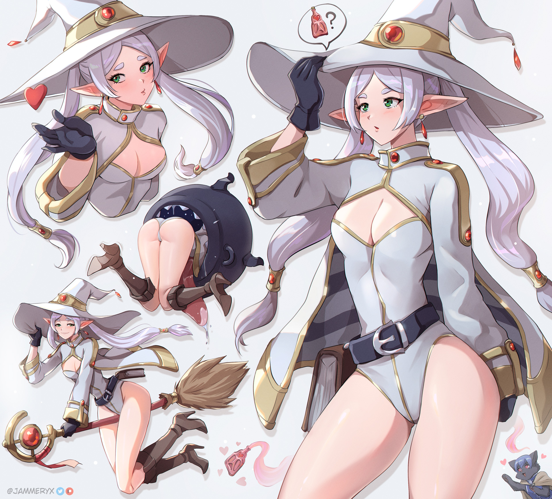 1girls, ass, bare legs, bare thighs, big ass, big butt, blush, breasts, clothed, clothing, color, elf, elf ears, elf female, female, female focus, female only, frieren, green eyes, hat, hi res, jammeryx, light skin, light-skinned female, long hair, solo, solo female, sousou no frieren, tagme, thick thighs, white hair, witch, witch hat