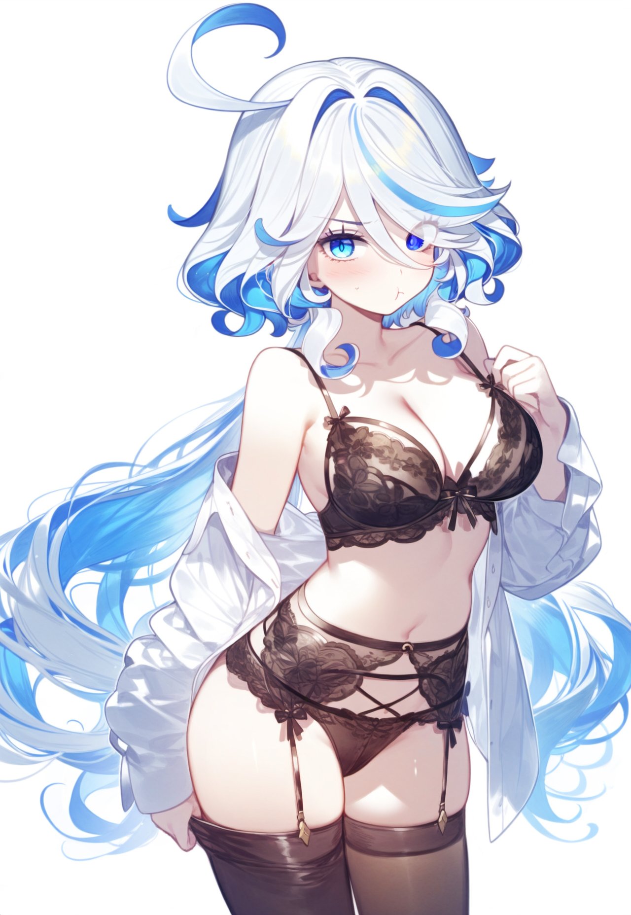 ai_generated belly_button big_breasts blue_eyes blue_hair bra embarrassed embarrassed_female furina_(genshin_impact) garter_belt garter_straps genshin_impact hoyoverse lingerie lingerie_only long_hair looking_at_viewer open_shirt panties setsuaiart shirt_down short_hair slim_waist solo solo_female stockings thigh_highs thighhighs two_tone_hair white_hair