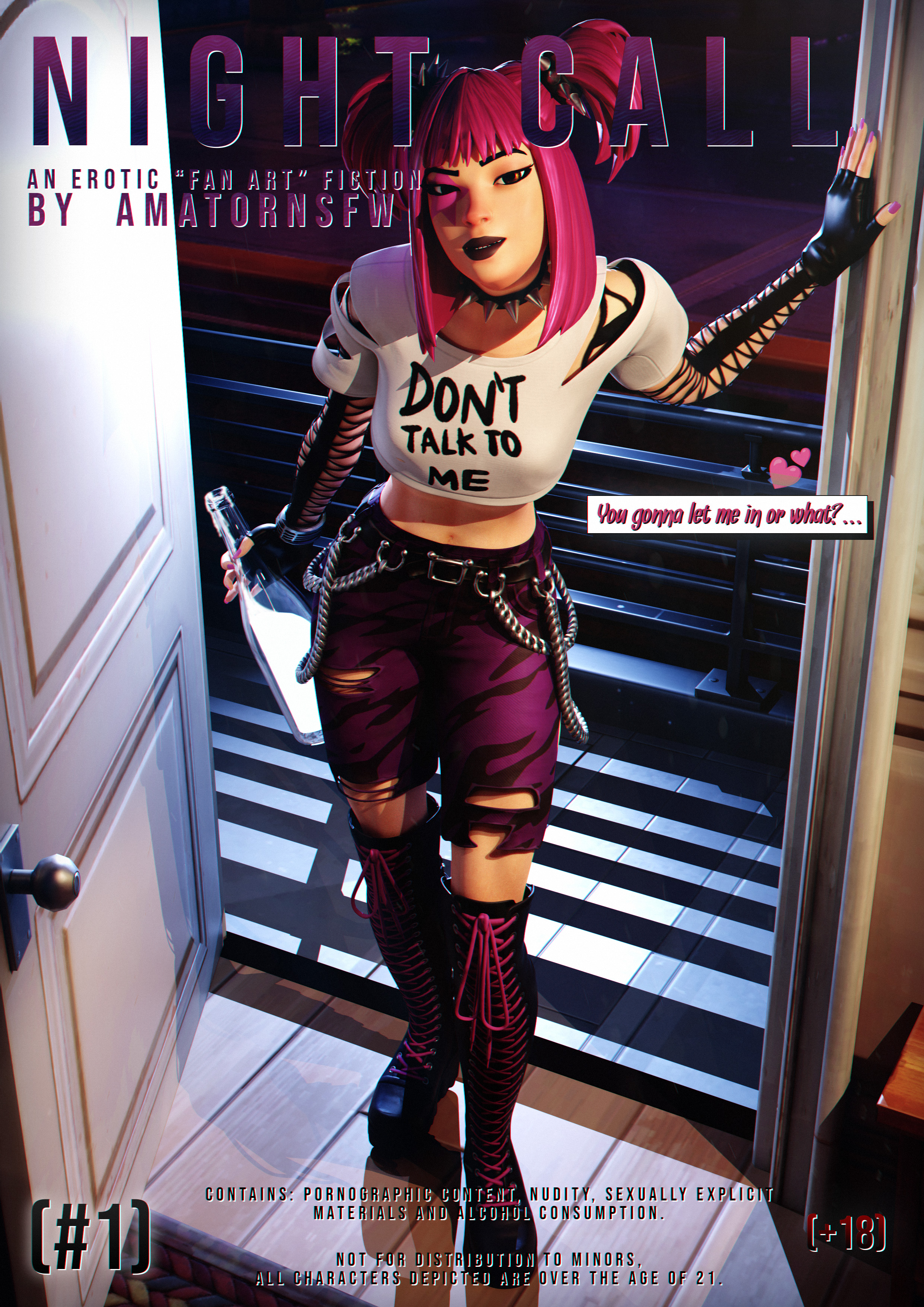 1boy, 1girls, 3d, amatornsfw, bottle, collar, dirty talk, drop dee (fortnite), drunk, drunk sex, english, english dialogue, english text, female, female focus, female human, female penetrated, fortnite, male, pink hair, punk, punk girl, sex, story