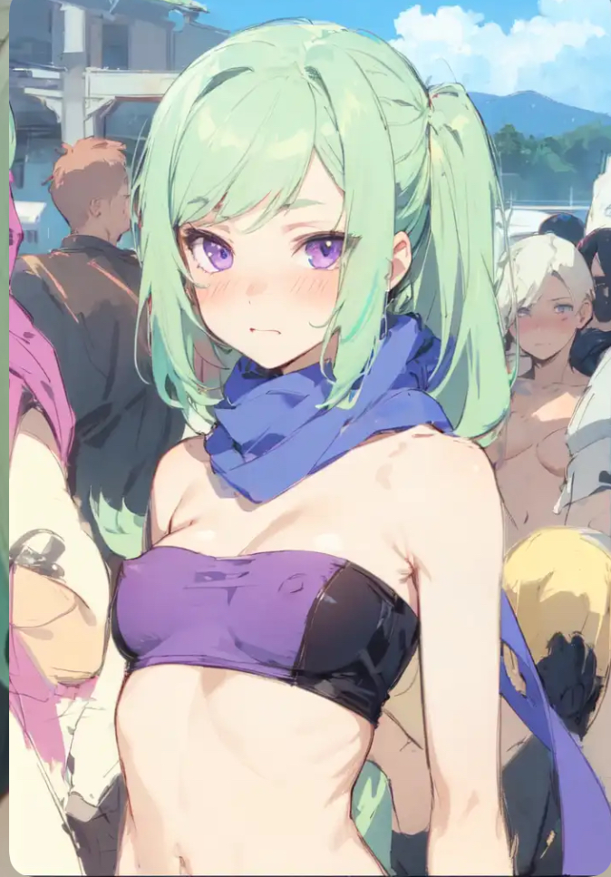 ai_generated blue_scarf blush blushing_female blushing_profusely clemea_(konosuba) female hair_tied_back kono_subarashii_sekai_ni_shukufuku_wo! light_green_hair ponytail purple_hair side_bangs skin_tight_outfit small_breasts tight_top