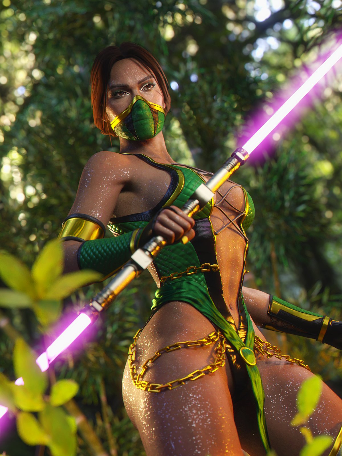1girls, 3d, 3d (artwork), 3d model, assassin, black hair, brown eyes, dark skin, dark-skinned female, ebony, edenian, female, female focus, female only, green eyes, holding weapon, jade (mk9), jade (mortal kombat), masked, masked female, melanin, mortal kombat, mortal kombat (2011), mortal kombat 11, netherrealm studios, outdoors, outside, solo, solo female, solo focus, wet, wet body, wet clothes, wet skin, word2