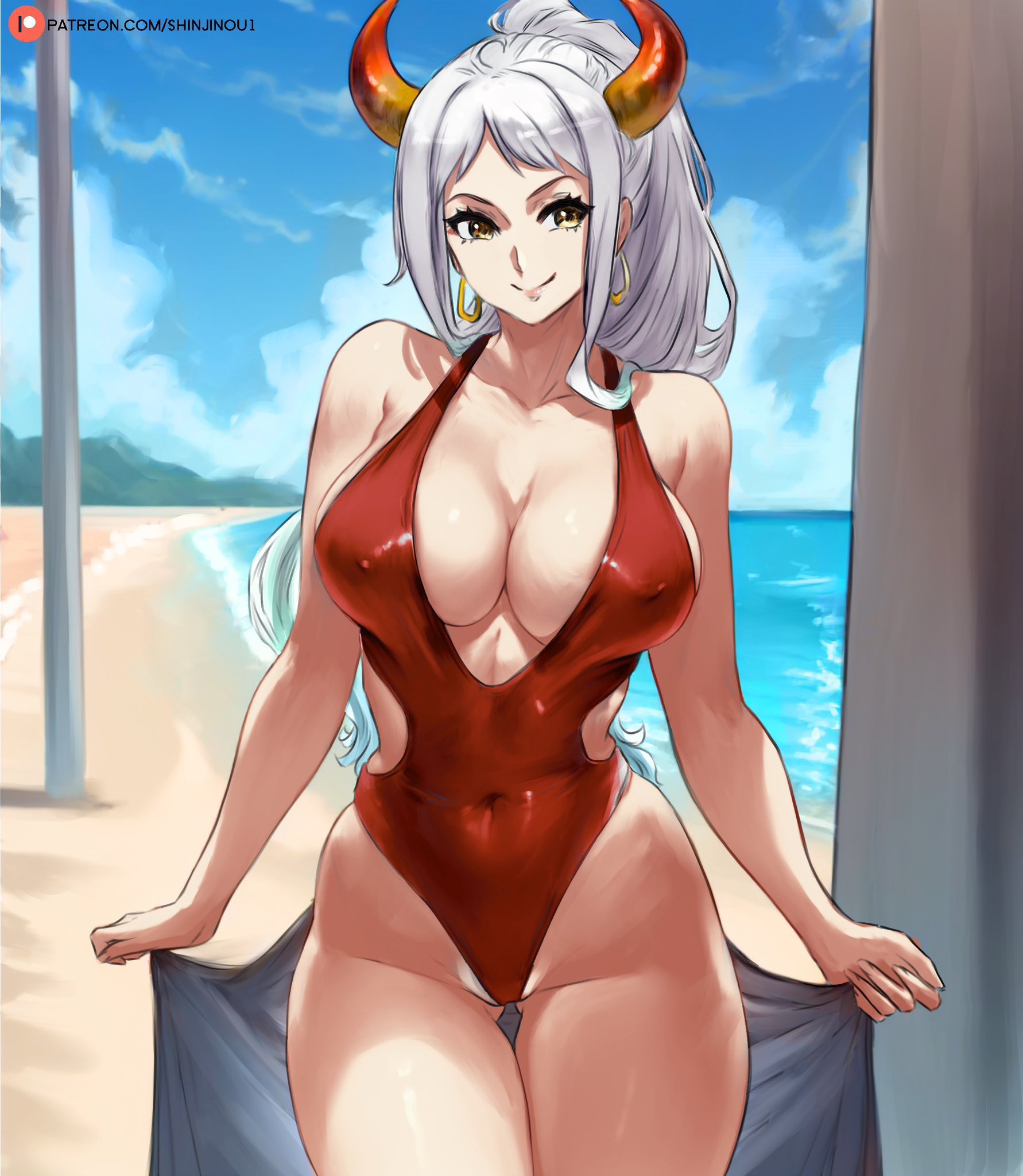 1girls, bare arms, bare legs, bare shoulders, bare thighs, big breasts, breasts, clothed, clothing, color, female, female only, hi res, horns, jewelry, large breasts, light skin, light-skinned female, long hair, nipples visible through clothing, one piece, one-piece swimsuit, shinjinou, shounen jump, solo, solo female, tagme, thick thighs, two-tone hair, white hair, white-haired female, yamato (one piece), yellow eyes