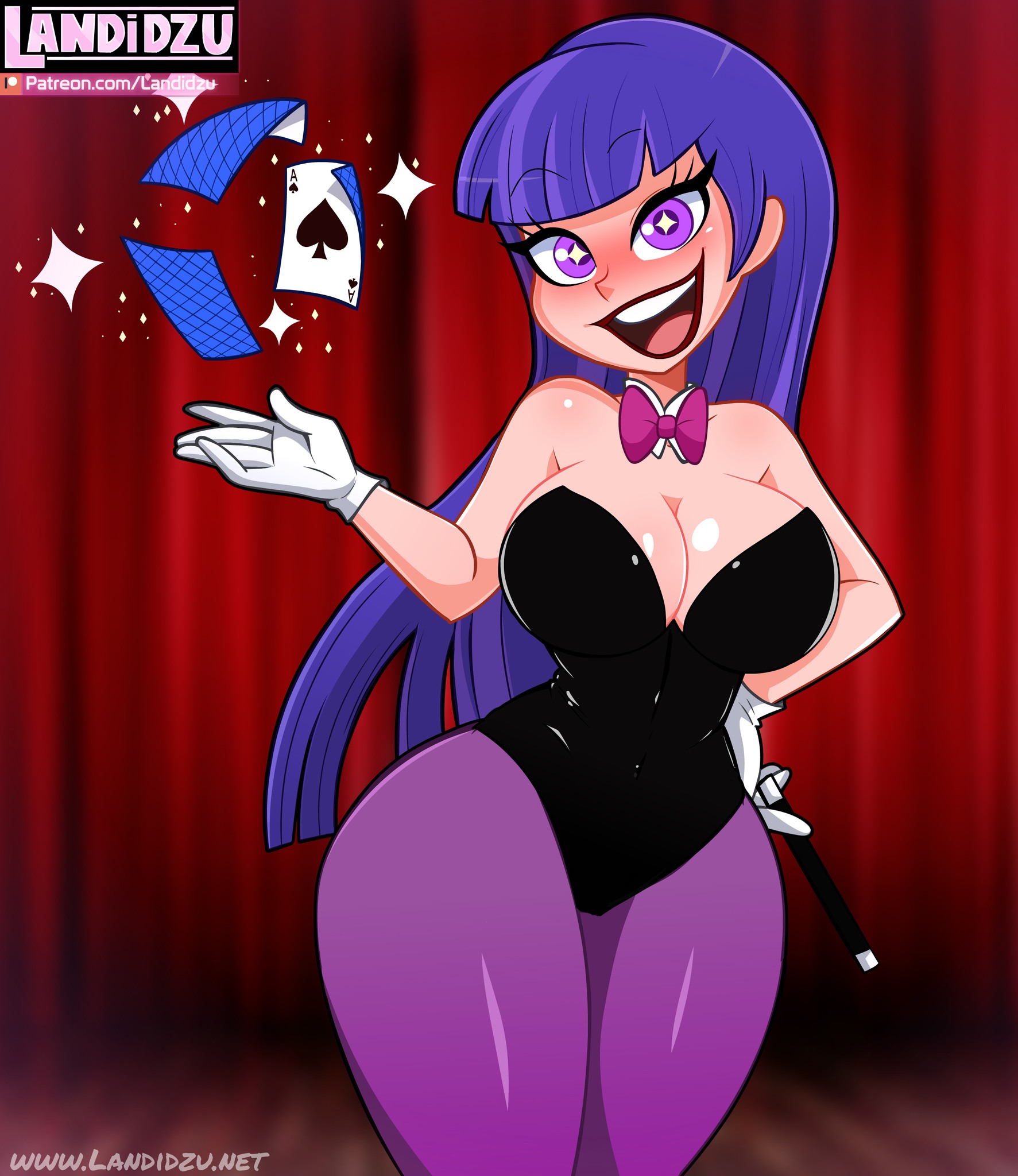 1girls, 2023, 2023s, 2d, 2d (artwork), alternate breast size, artist logo, artist name, big breasts, blush, bow tie, bowtie, breasts, cards, clothed, clothing, costume, curvy, curvy female, dc, dc comics, dc super hero girls, digital drawing (artwork), digital media (artwork), eyelashes, female, female focus, female only, gloves, handwear, high resolution, human, human female, landidzu, leotard, long hair, magic, open mouth, open smile, pantyhose, purple eyes, purple hair, purple legwear, purple pantyhose, purple-haired female, shiny hair, smile, solo, solo female, solo focus, tagme, thick thighs, thighs, thunder thighs, white gloves, white handwear, wide hips, zatanna, zee zatara