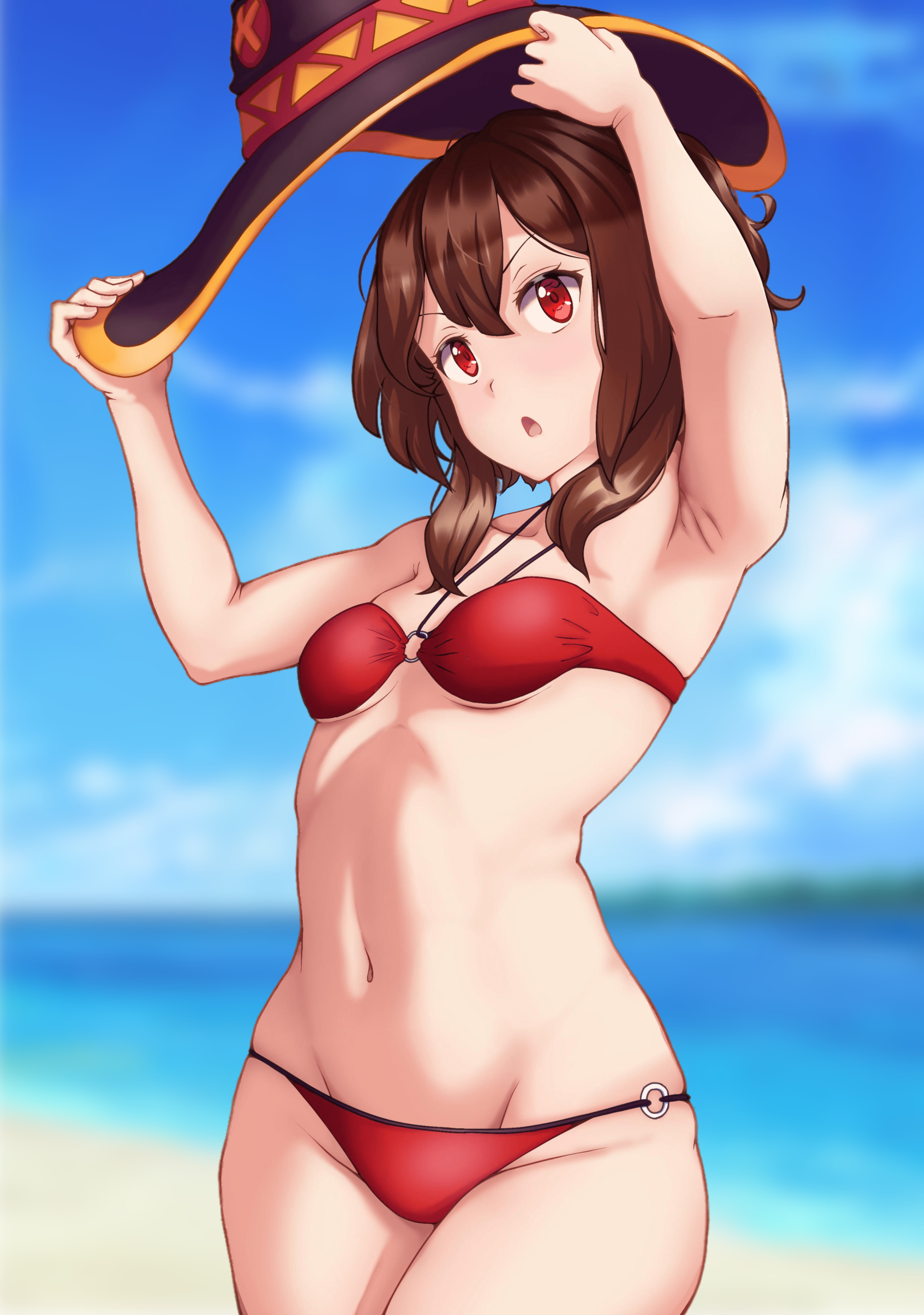 armpit, arms up, bare shoulders, beach, belly button, bikini, blurred background, breasts, brown hair, cute, female, female only, hat removed, kono subarashii sekai ni shukufuku wo!, light skin, light-skinned female, medium hair, megumin, midriff, navel, o-ring, o-ring bikini, o-ring bottom, o-ring top, open mouth, outdoors, red bikini, red eyes, small breasts, solo, solo female, swimsuit, thighs, thighs together, water