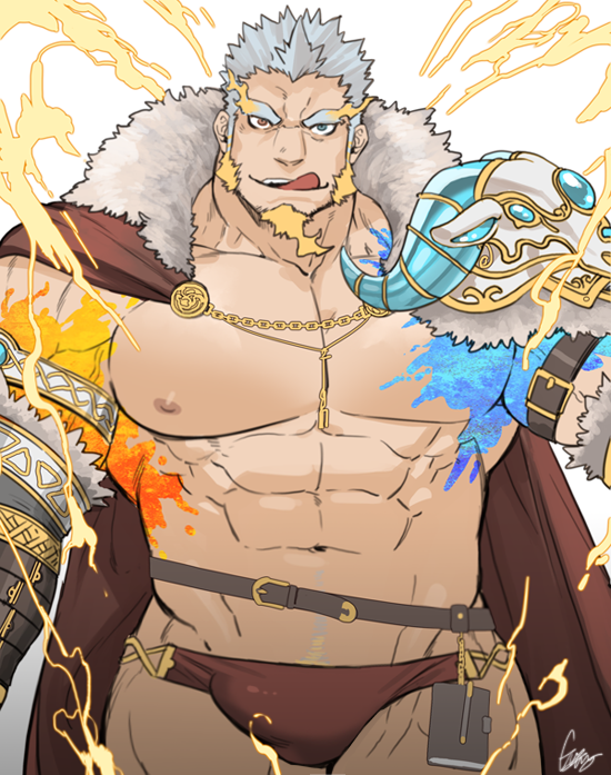 balls bara body_markings bulge facial_hair gomtang licking_lips male male_only multicolored_hair muscles muscular penis perun_(tokyo_afterschool_summoners) solo solo_male tokyo_afterschool_summoners