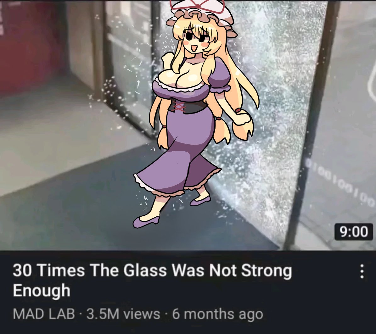 1girls big_breasts blonde_hair breasts cleavage clothed_female funny glass hat light-skinned_female long_hair mature_female meme mob_face notnoe_(dxcl) purple_dress solo solo_female touhou walking youtube youtube_thumbnail yukari_yakumo