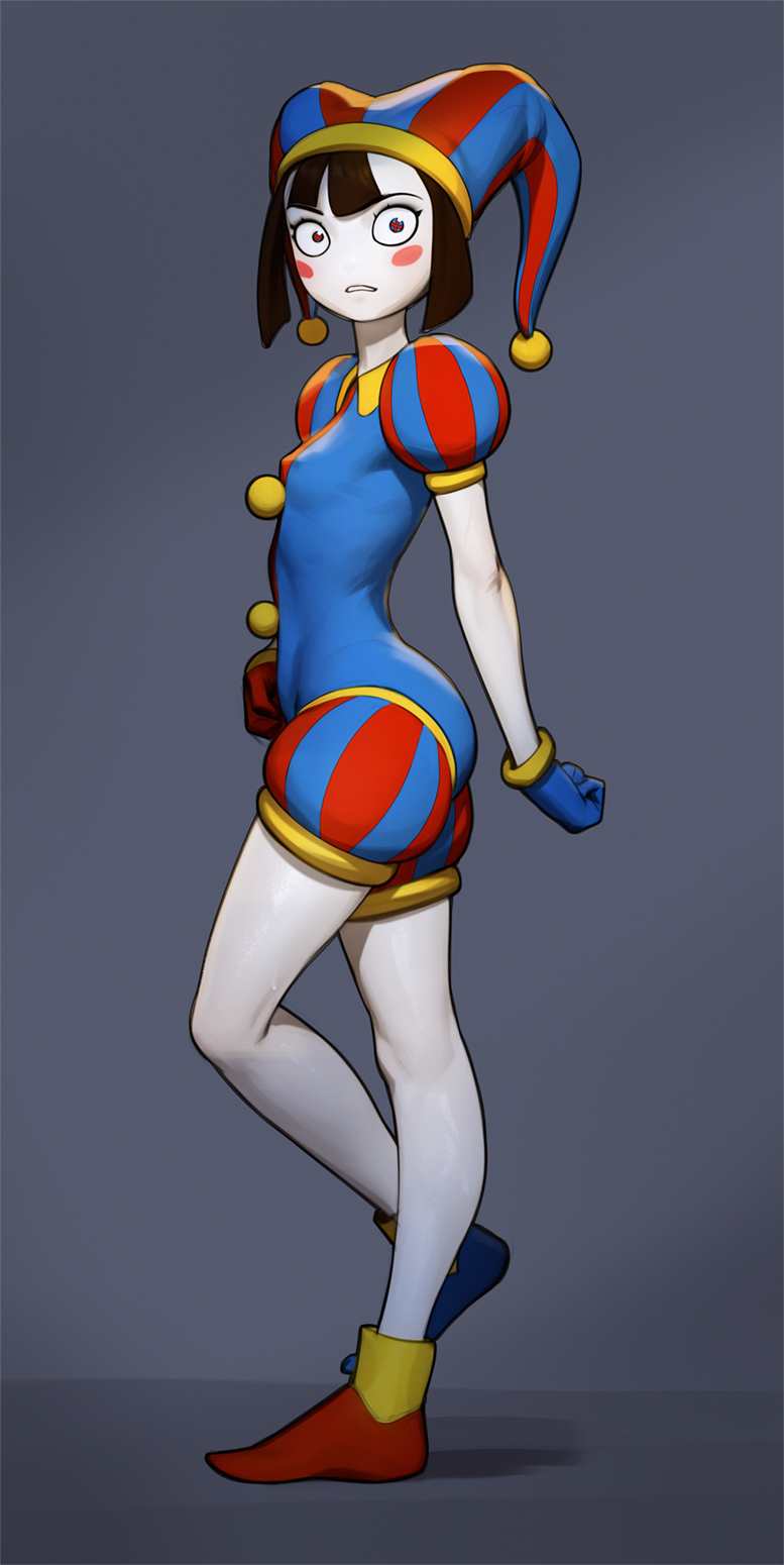 1girls, breasts, female, glitch productions, jester, jester hat, jester outfit, looking at viewer, pale skin, pomni (the amazing digital circus), scared, small breasts, solo, solo female, tagme, tarakanovich, the amazing digital circus