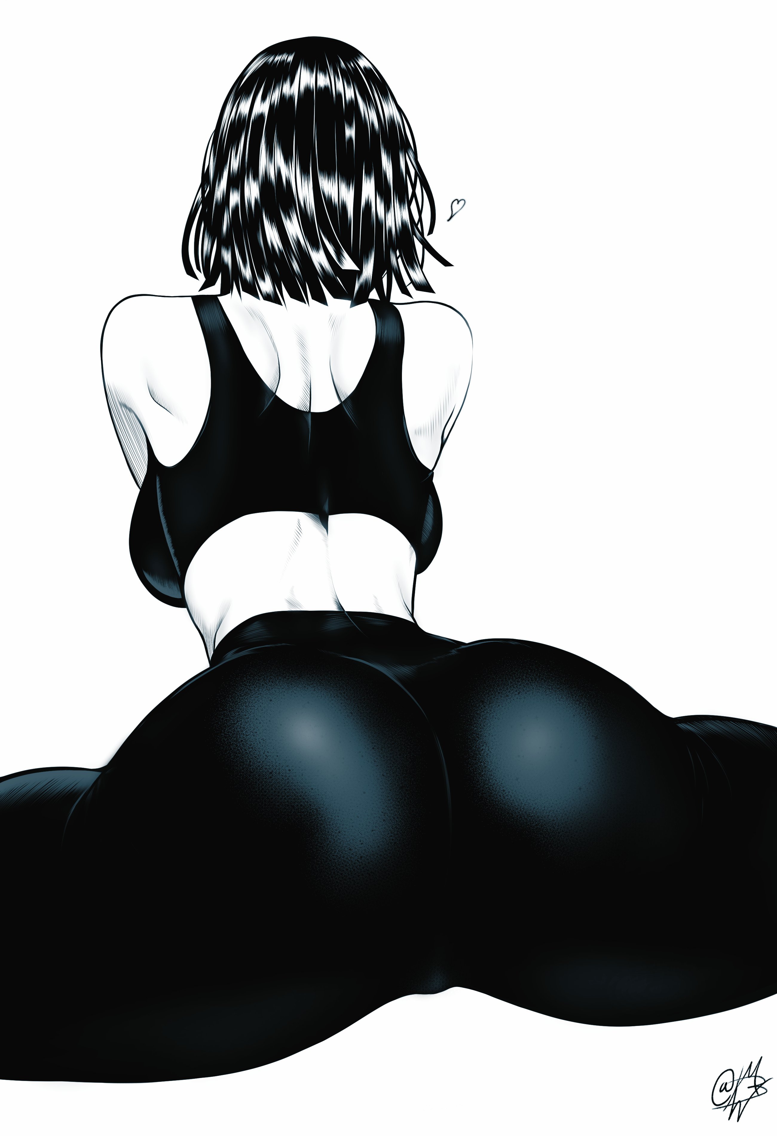 1girls, ass, ass focus, back, back view, bare arms, bare shoulders, big ass, big breasts, big butt, black and white, breasts, clothed, clothing, female, female focus, female only, fubuki (one-punch man), gym shorts, hi res, large breasts, mostlybluewyatt, one-punch man, short hair, solo, solo female, tagme, thick thighs