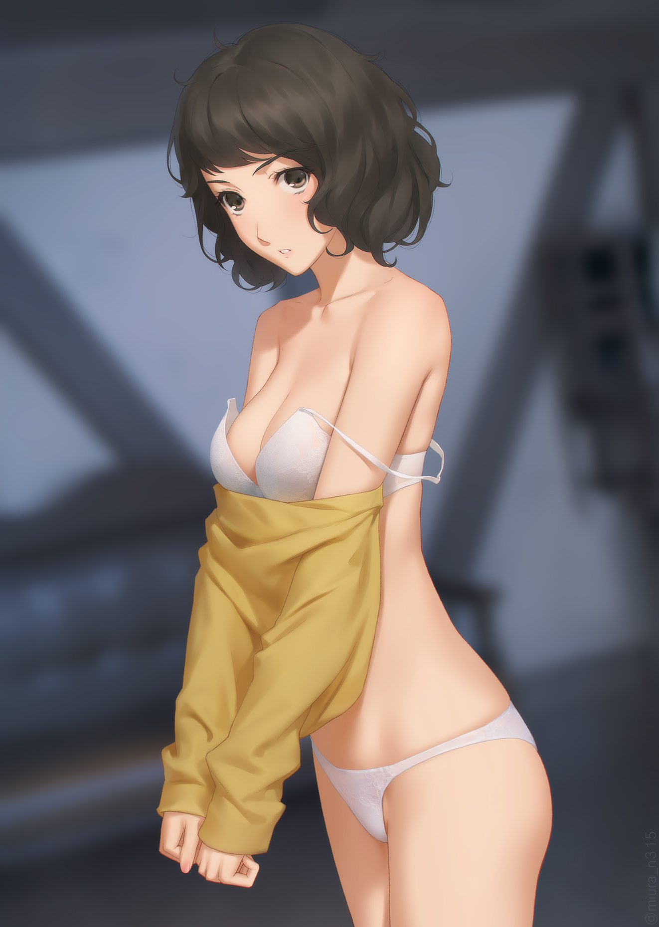 1girls, atlus, big breasts, bottomwear, bra, bra down, breasts, brown eyes, brown hair, cleavage, cowboy shot, female, female only, hair, lingerie, looking at viewer, mature, mature female, miura-n315, panties, persona, persona 5, sadayo kawakami, shirt, short hair, solo, solo female, topwear, undressing, white bra, white panties, yellow shirt