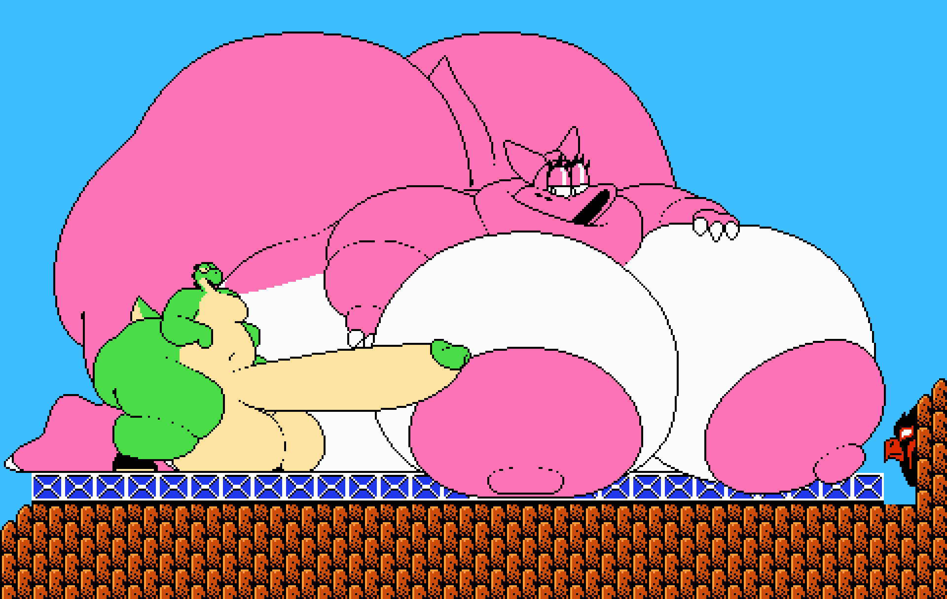 1boy 1girls birdo bow chip_at_night fat_female green_yoshi hand_on_breast huge_ass huge_cock huge_nipples huge_thighs hyper hyper_ass hyper_balls hyper_breasts hyper_penis looking_at_another mario_(series) nintendo obese obese_female outdoors overweight_female pixel_art super_mario_bros. super_mario_bros._2 yoshi