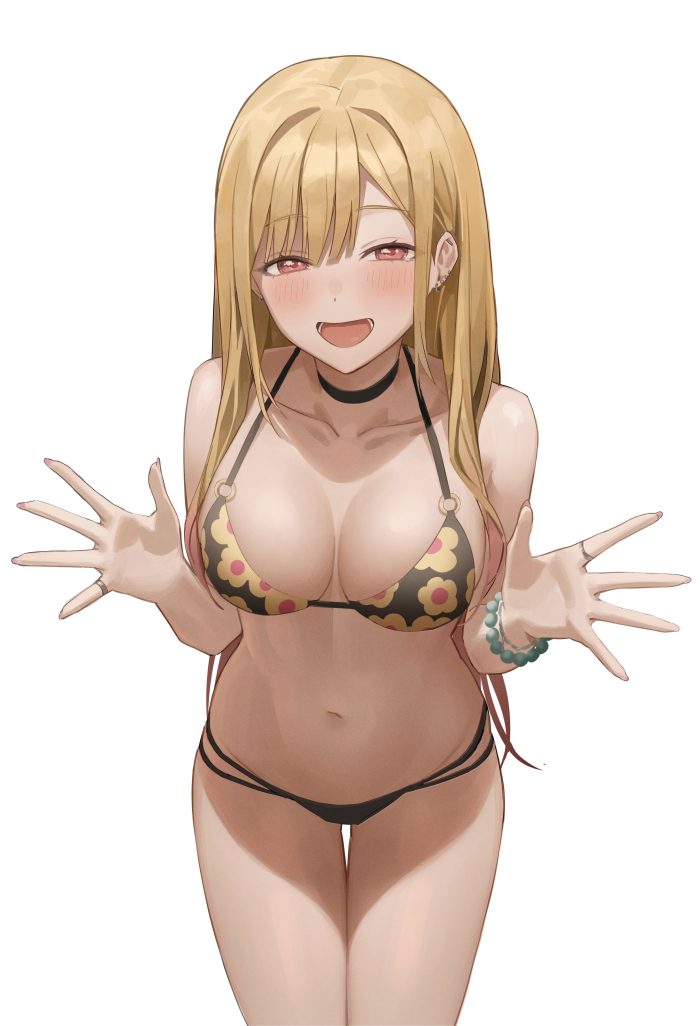 1girls, bare arms, bare legs, bare midriff, bare shoulders, bare thighs, belly, belly button, bikini, bikini bottom, bikini top, black bikini bottom, blonde hair, blush, breasts, cleavage, collarbone, dot nose, female, female focus, female only, female torso, groin, gyaru, high resolution, highres, hinaki0102, hourglass figure, kitagawa marin, leaning forward, legs, light skin, long hair, looking at viewer, medium breasts, navel, pink eyes, rings, simple background, slender body, slender waist, slim female, slim waist, smile, smiling, smiling at viewer, solo, sono bisque doll wa koi wo suru, standing, student, teenager, thigh gap, thighs, thin waist, white background