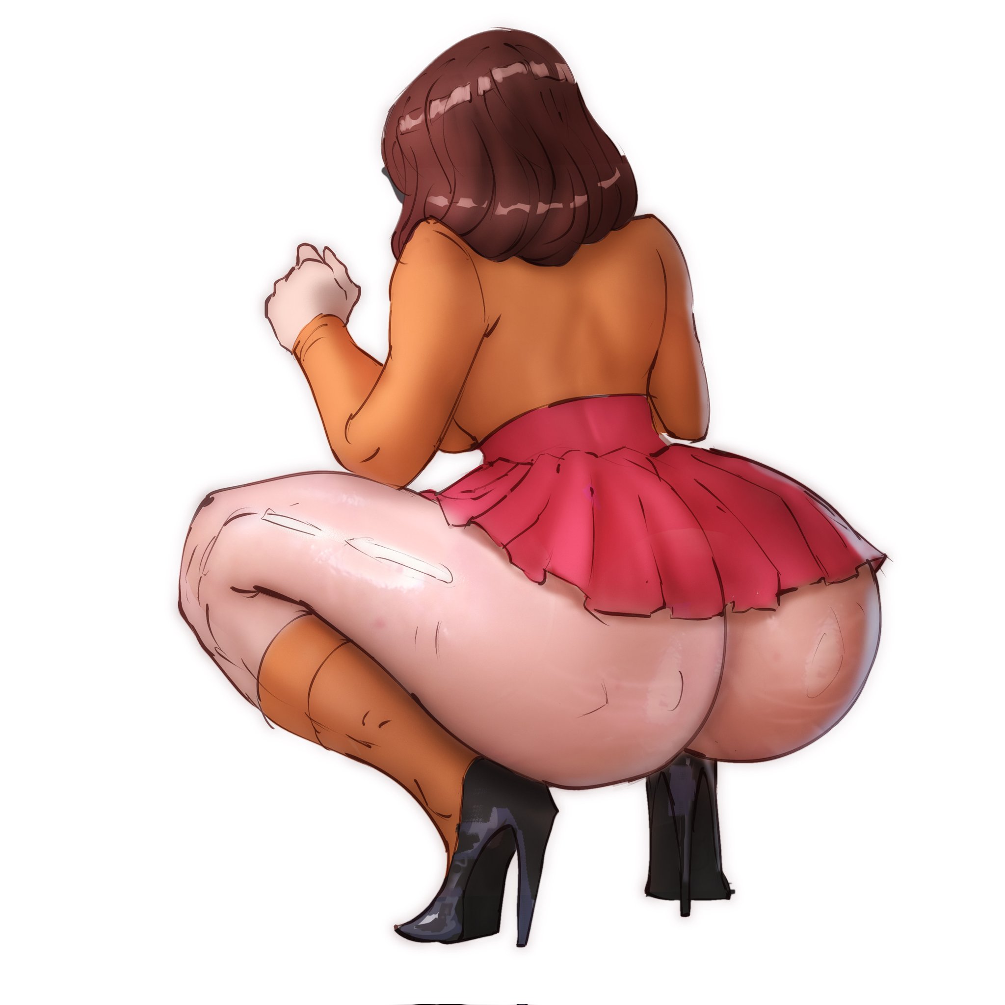 1girls, ass, big ass, big butt, brown hair, charcoalx00, crouching, female, from behind, high heels, huge ass, huge butt, light skin, light-skinned female, scooby-doo, skirt, sweater, velma dinkley