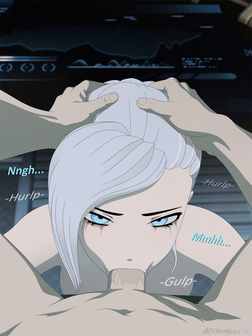 blowjob_face blue_eyes deepthroat fellatio femsub forced_oral looking_at_viewer maledom necromalock oral ponytail pov pov_blowjob runny_makeup runny_mascara rwby tagme white_hair winter_schnee