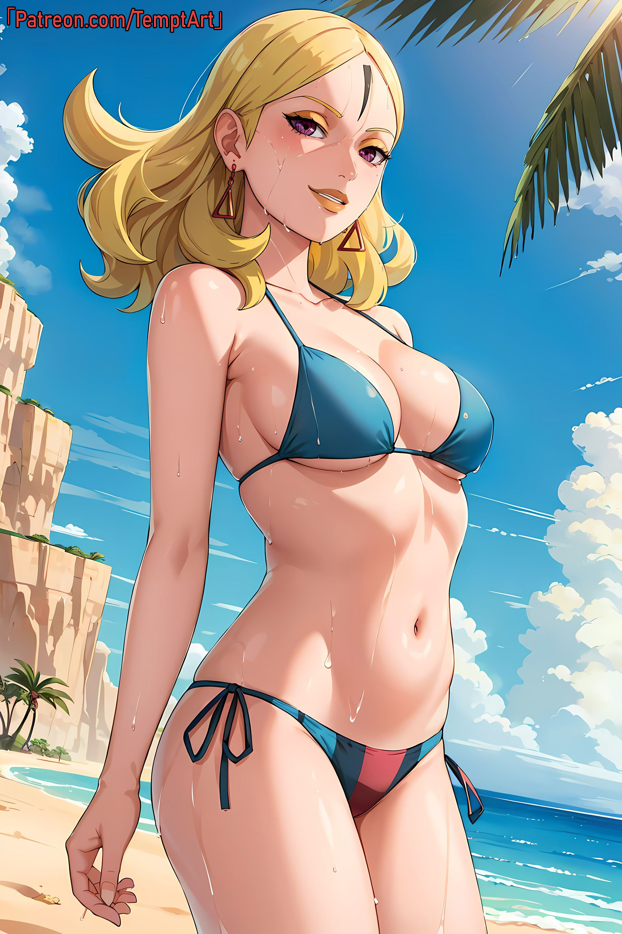 1girls, adapted costume, ai generated, beach, big breasts, bikini, bikini bottom, bikini top, blonde hair, boruto: naruto next generations, breasts, cleavage, delta (boruto), eyeshadow, facial mark, female, female only, forehead mark, grin, light skin, light-skinned female, lipstick, long hair, looking at viewer, makeup, messy, messy hair, midriff, nai diffusion, naruto, naruto (series), naughty, naughty face, naughty smile, ocean, outdoors, patreon username, pink eyes, sand, seaside, side-tie bikini, side-tie bikini bottom, smile, solo, solo focus, stable diffusion, striped bikini, sweat, sweatdrop, temptart, text, upper body, url, water, web address