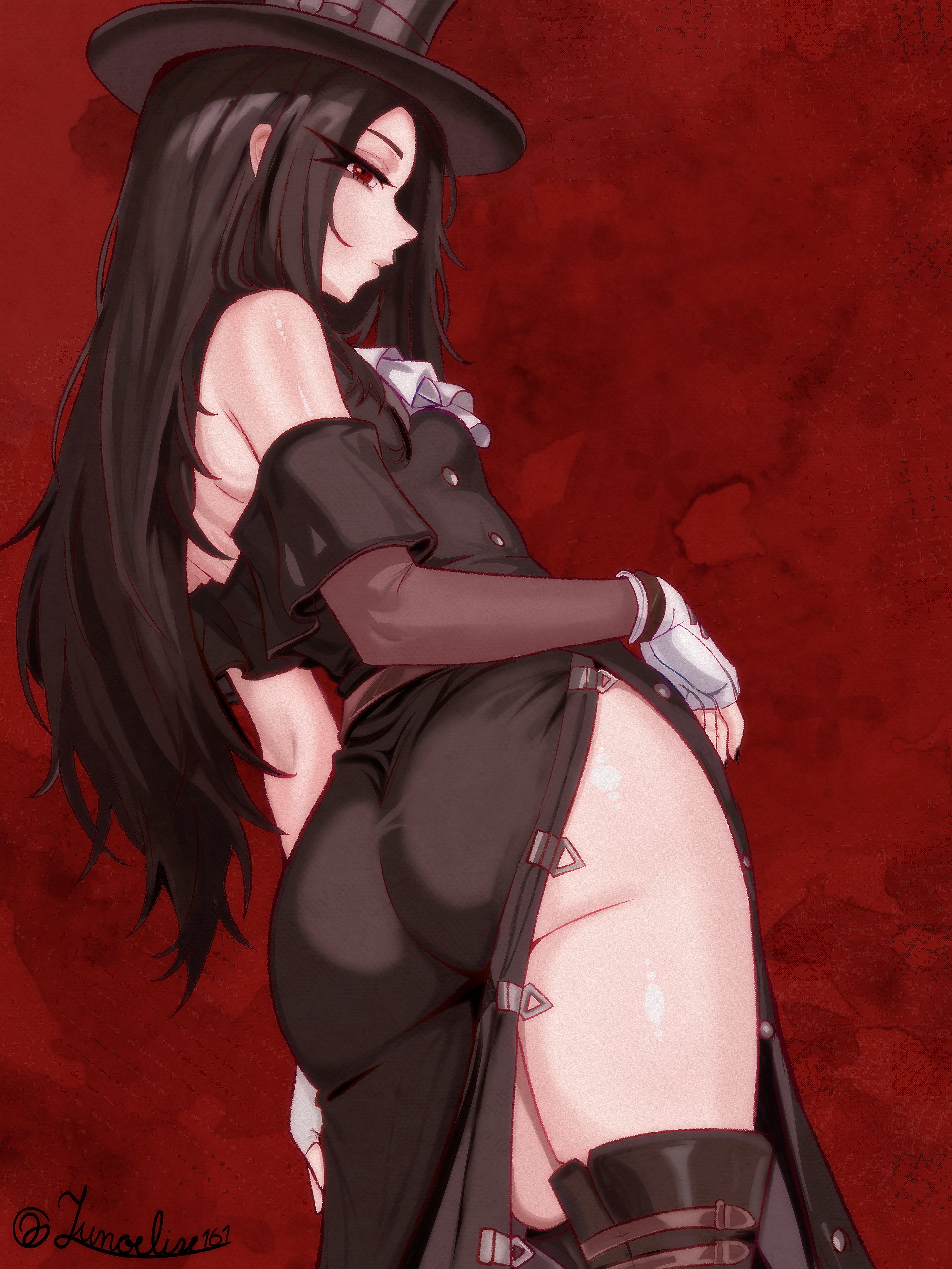 1girls, 1other, ambiguous gender, ass, bare shoulders, big ass, black hair, boots, bottom heavy, breasts, closed mouth, detached sleeves, dress, female, female only, flat chest, gloves, guilty gear, guilty gear strive, hat, hourglass figure, huge ass, junoelise, large ass, long hair, long sleeves, looking at viewer, looking back, red background, red eyes, side slit, slim waist, small breasts, smile, solo, testament (guilty gear), thick, thick ass, thick thighs, thighhighs, thighs, wide hips