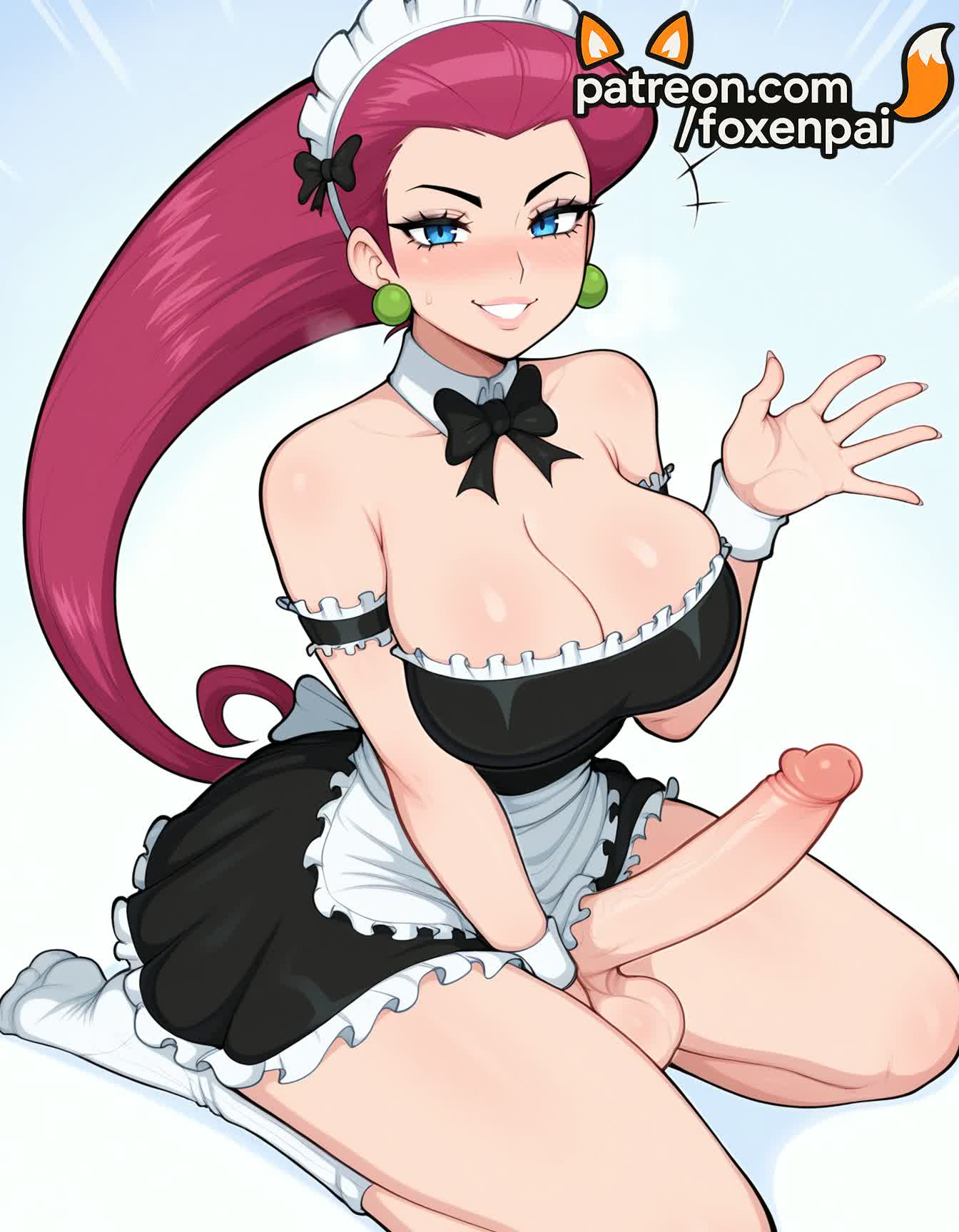 1futa, 2025, ai generated, apron, artist name, balls, big breasts, big chest, black bow, black skirt, blue eyes, blush, bow, breasts, bust, busty, chest, cleavage, cock, dick, earrings, enmaided, erection, foreskin, foxenpai, frills, futanari, hi res, high quality, high resolution, highres, intersex, jessie (pokemon), jewelry, large breasts, large penis, long hair, maid, maid apron, maid headdress, patreon, patreon username, penis, pokemon, precum, smile, socks, solo, stable diffusion, team rocket, testicles, tight foreskin, uncensored, uncircumcised, veins, veiny penis, waist apron, wariza, watermark, white apron, white legwear