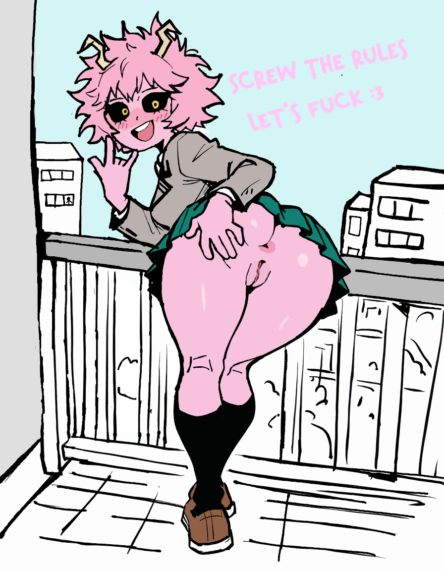 1girls, ass focus, balcony, curvy, female, looking at viewer, looking back, mina ashido, my hero academia, no panties, pink body, pink hair, pink skin, presenting, presenting hindquarters, school uniform, talking to viewer, teenager, upskirt