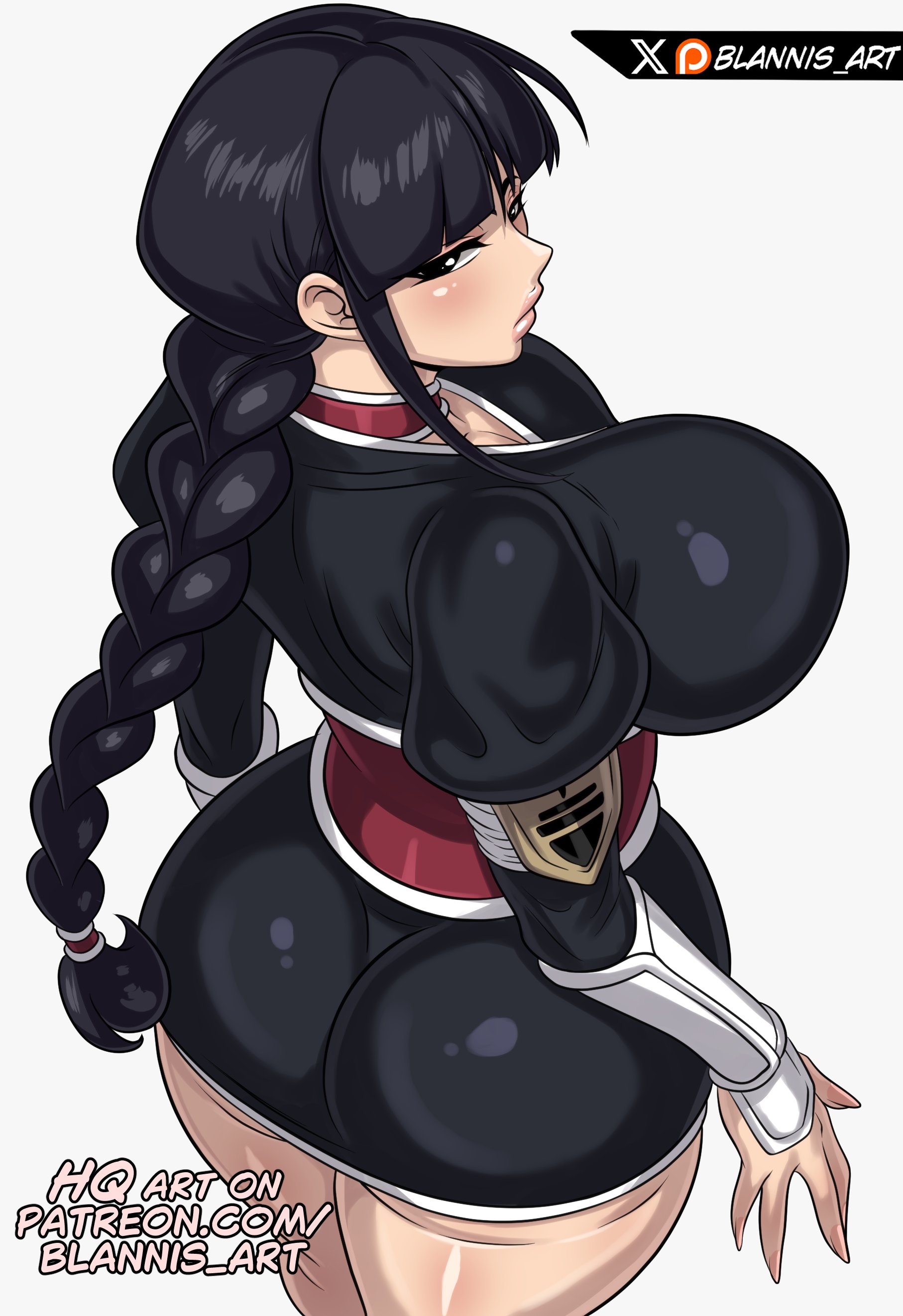 1girls, alternate breast size (larger), artist name, ass, ass focus, bangs, big ass, big breasts, black hair, blannis art, bleach, braid, braided ponytail, breasts, choker, collarbone, female, female focus, female only, huge ass, huge breasts, kurotsuchi nemu, large breasts, legs together, light blush, light-skinned female, lips, long hair, looking at viewer, paid reward available, patreon username, simple background, single braid, solo, solo focus, standing, striped, thick thighs, thighs, twitter username, vertical stripes, white background, wide hips