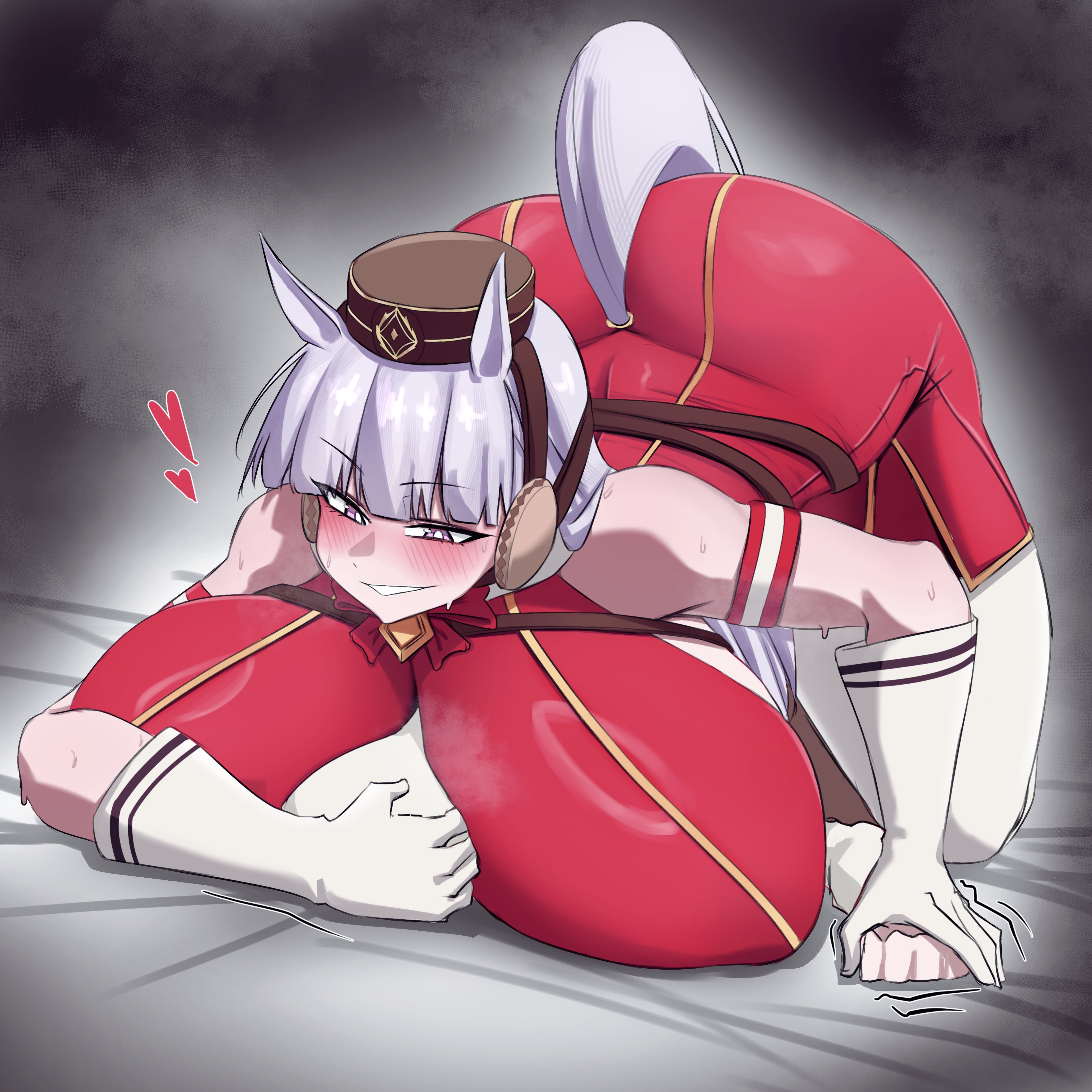 1girls, 1other, ambiguous gender, animal ears, ass, big ass, big breasts, bigger female, blush, breast smother, breasts, eyebrows visible through hair, face in breasts, female, female only, femdom, gigantic breasts, gloves, gold ship (umamusume), hat, head between breasts, heart, held down, horse ears, huge breasts, k dhen, long hair, purple eyes, smile, tagme, trapped in breasts, umamusume, umamusume pretty derby, white gloves, white hair