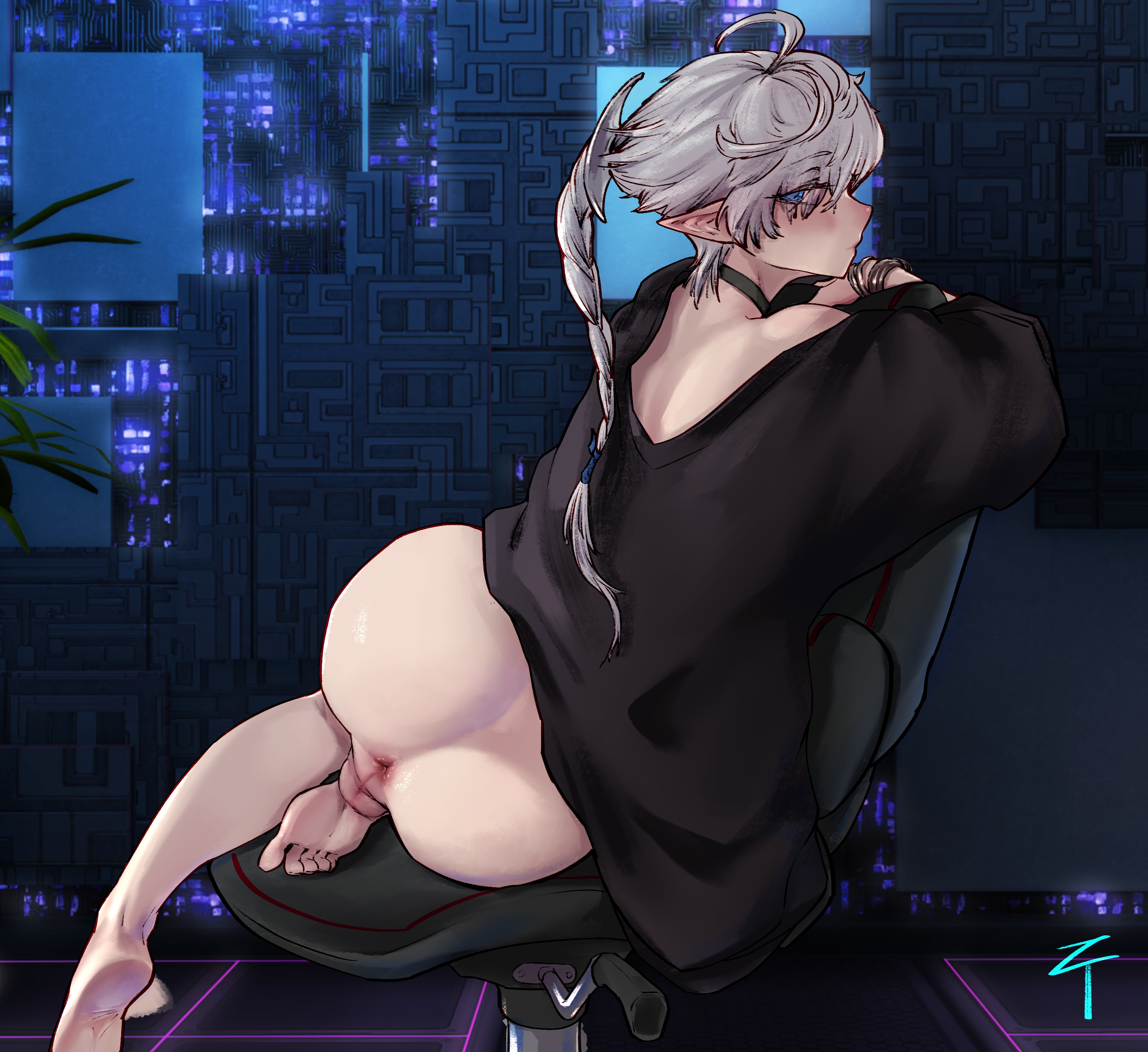 1boy, alphinaud leveilleur, anus, ass, back view, big ass, femboy, final fantasy, male, male only, oversized shirt, solo, solo male, ztyoho