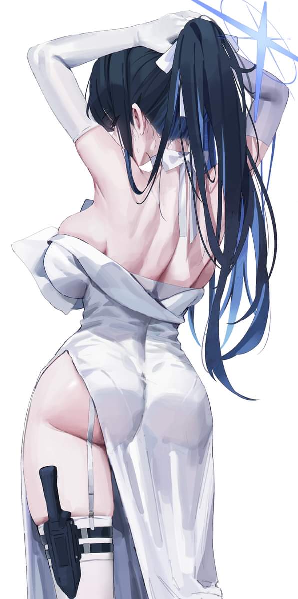 1girls, arius squad (blue archive), artist request, assassin, back view, big breasts, big butt, blue archive, breasts, dagger, dress, female, female only, halo, ponytail, saori (blue archive), stockings, tying hair