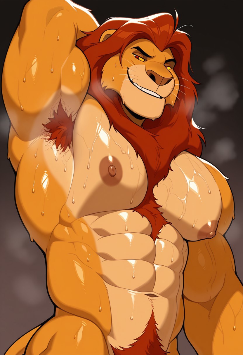 ai generated, armpit hair, bara, bara tits, breasts, disney, furry, gay, lifting arm, male, mufasa, mufasa (the lion king), muscular, musk, shiny skin, the lion king, visible breath, yaoi