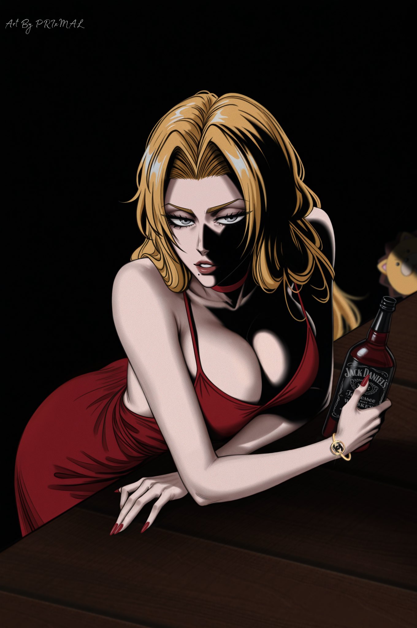 ass, bleach, breasts, defined nose, dress, eyes, female, fingernails, high quality, hot, huge breasts, large breasts, long hair, male, matsumoto rangiku, mature female, mole, prixmal, serious, sexy, signature, wallpaper, wine