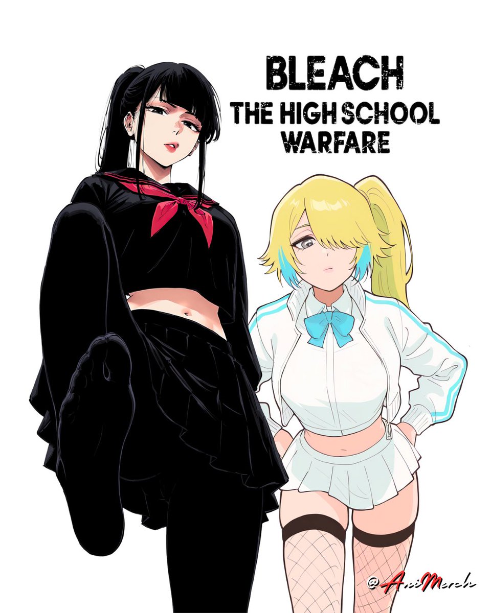 ai generated, animerch, black hair, black legwear, bleach, bleach: the thousand-year blood war, blonde hair, feet, fishnets, nikita deslock, shutara senjumaru