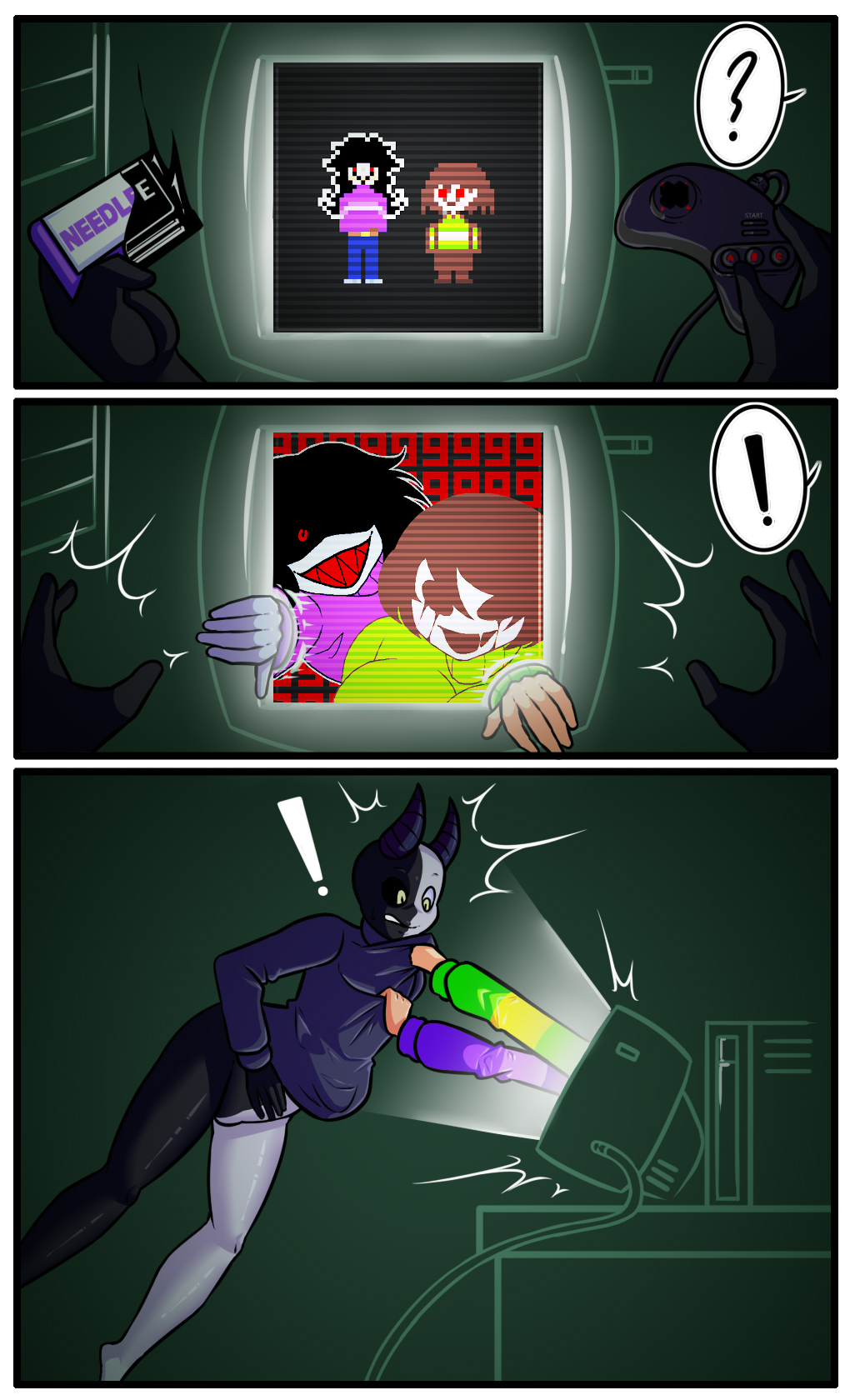 chara, female, female chara, game, grabbing, hilder, jumpscare, monitor, needlemouse (series), sarah henderson (needlemouse), tagme, undertale