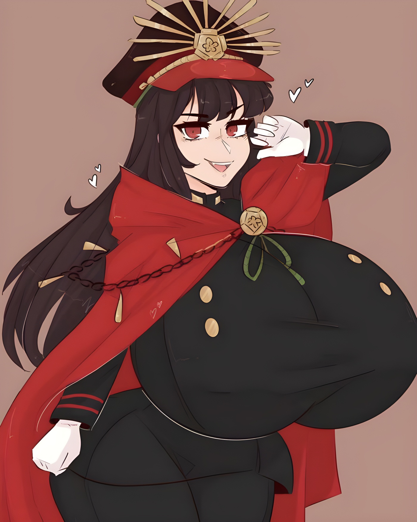 1girls, black hair, breasts, breasts bigger than head, fate (series), fate/grand order, female, female only, gigantic breasts, gloves, huge breasts, koha-ace, light skin, light-skinned female, looking at viewer, military hat, military uniform, oda nobunaga (fate), open mouth, red eyes, smile, solo, spookiebuni, thick thighs, white gloves, wide hips
