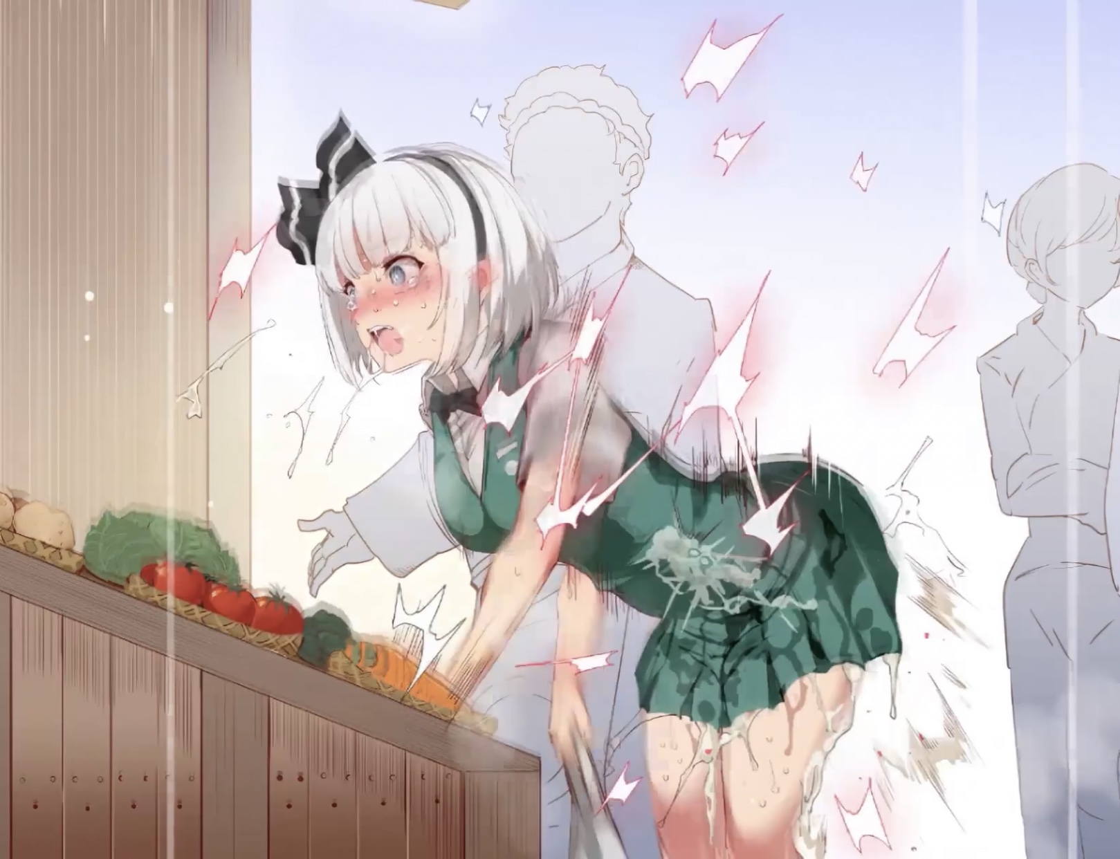 ^^^, 1boy, 2girls, ahe gao, bangs, bent over, black bow, black bowtie, black hairband, black ribbon, blunt bangs, blush, bow, bowtie, breasts, carrot, clothed sex, collared shirt, cropped, crying, cum, drooling, ejaculation, faceless, faceless male, female, female ejaculation, female ejaculation through clothes, food, green skirt, green vest, hair ribbon, hairband, konpaku youmu, leaning forward, long sleeves, male, miniskirt, motion lines, multiple females, multiple girls, nose blush, nyuu (manekin-eko), onion, open mouth, orgasm, partially colored, pleated skirt, ribbon, saliva, sex, sex from behind, shirt, short hair, short sleeves, skirt, skirt set, small breasts, solo focus, standing, straight, sweat, tearing up, tears, time stop, tomato, touhou, trembling, vegetable, vest, white hair, white shirt