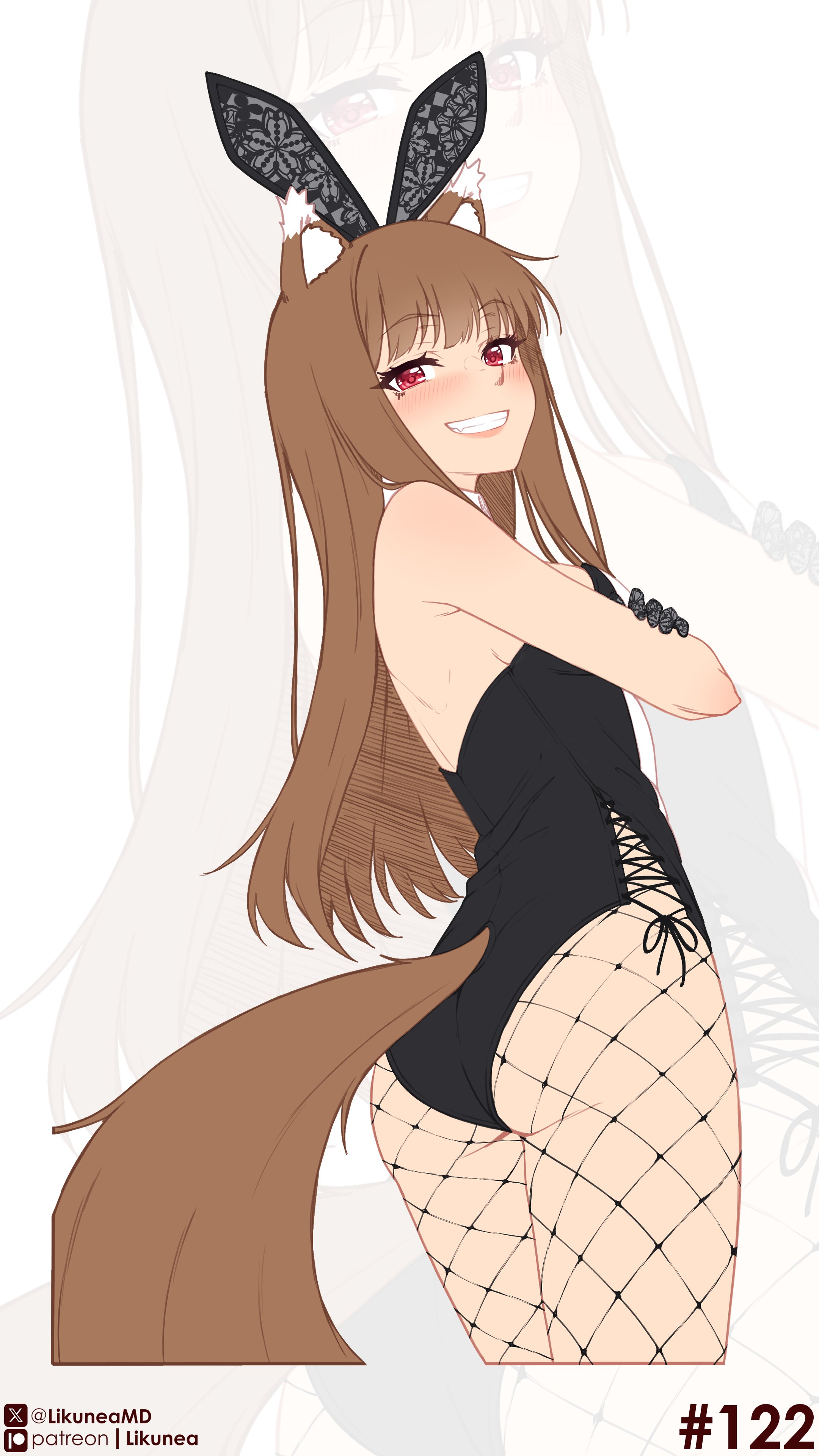 1girls, animal ears, animal tail, ass, black bunny ears, black bunnysuit, blush, breasts, brown hair, brown hair female, brown-haired female, bunny ears, bunny girl, bunnysuit, clothed, clothed female, crossed arms, female, female only, fishnet stockings, fluffy, fluffy ears, fluffy tail, highres, hime cut, holo, kemonomimi, likunea, long hair, long hair female, long-haired female, looking at viewer, medium breasts, red eyes, red eyes female, red-eyed female, smiling, sole female, spice and wolf, tagme, tail, wolf ears, wolf girl, wolf tail