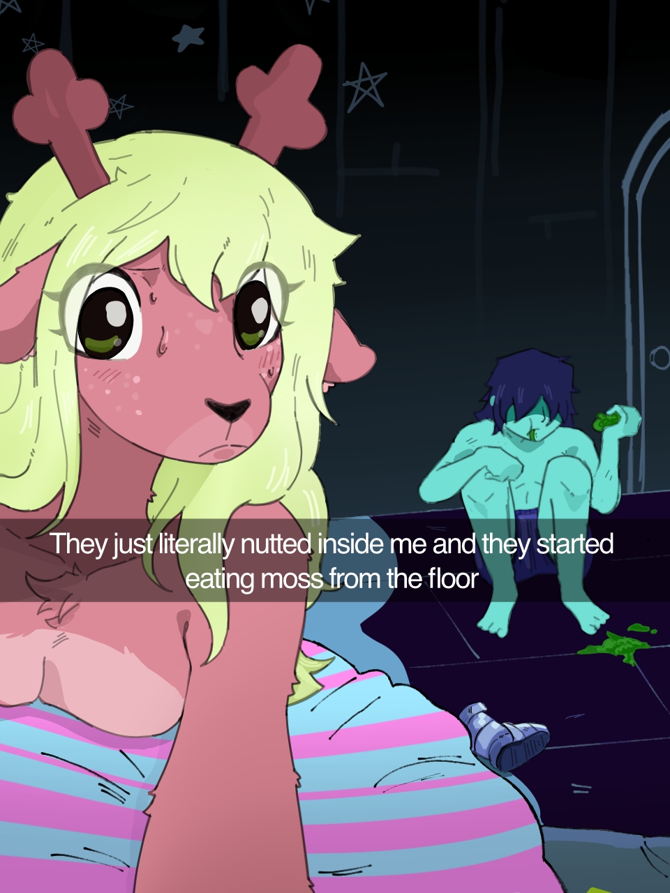 2025, after sex, anthro, antlers, artist request, background, bed, blonde hair, blue skin, breasts, confusion, deer, deer ears, deer girl, deltarune, eating, english, english text, female, female focus, fur, furry, furry ears, furry female, green eyes, hair covering eyes, he literally just nutted in me (meme), hi res, horn, human, human on anthro, interspecies, kris (deltarune), kris dreemurr, mammal, meme, naked, naked female, noelle holiday, picture, reindeer, sex, simple background, snapchat, wholesome