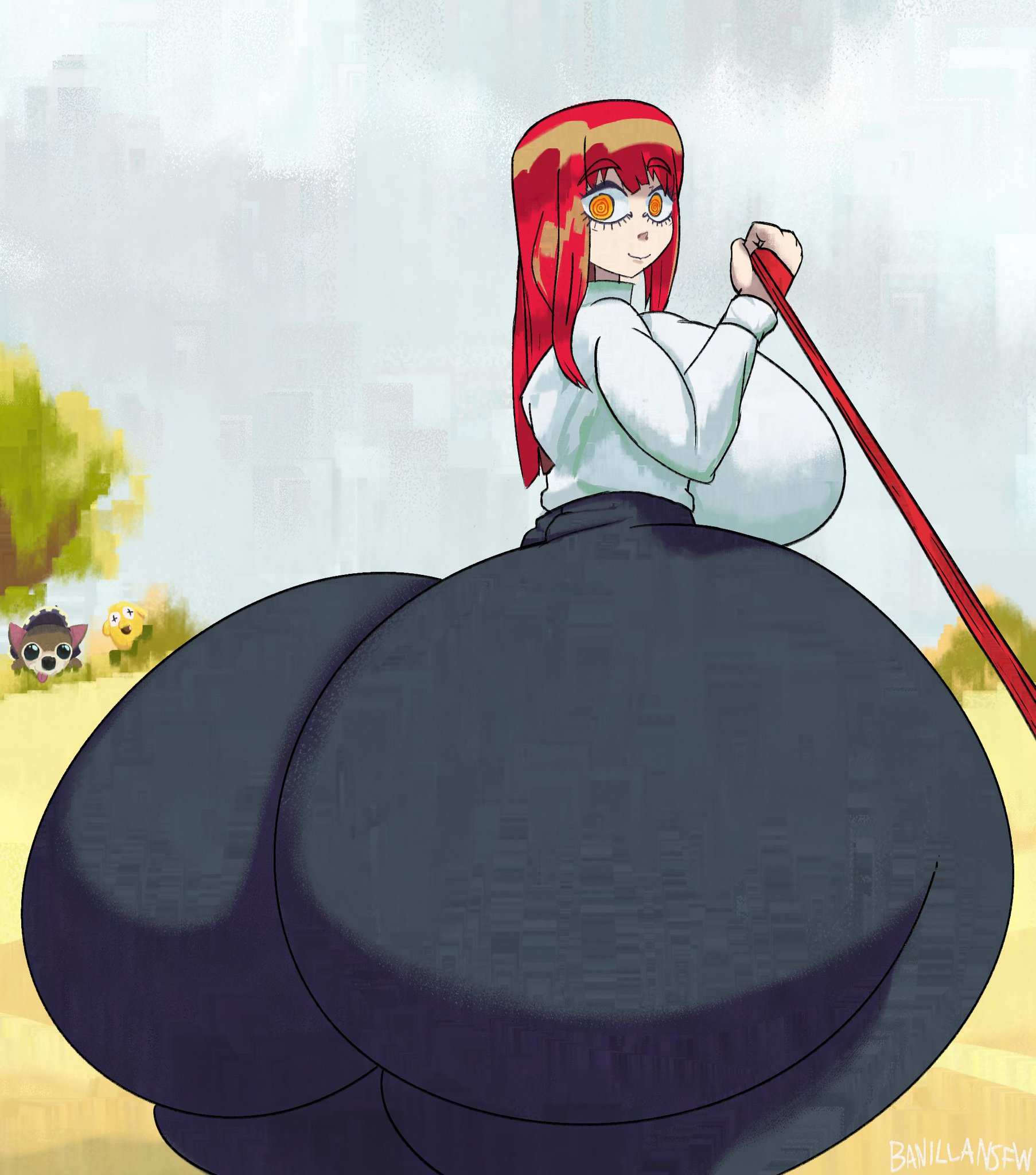 ass, ass body, banillansfw, big ass, chainsaw man, female, leash, makima (chainsaw man), makima fart inflation, meme, outside, red hair