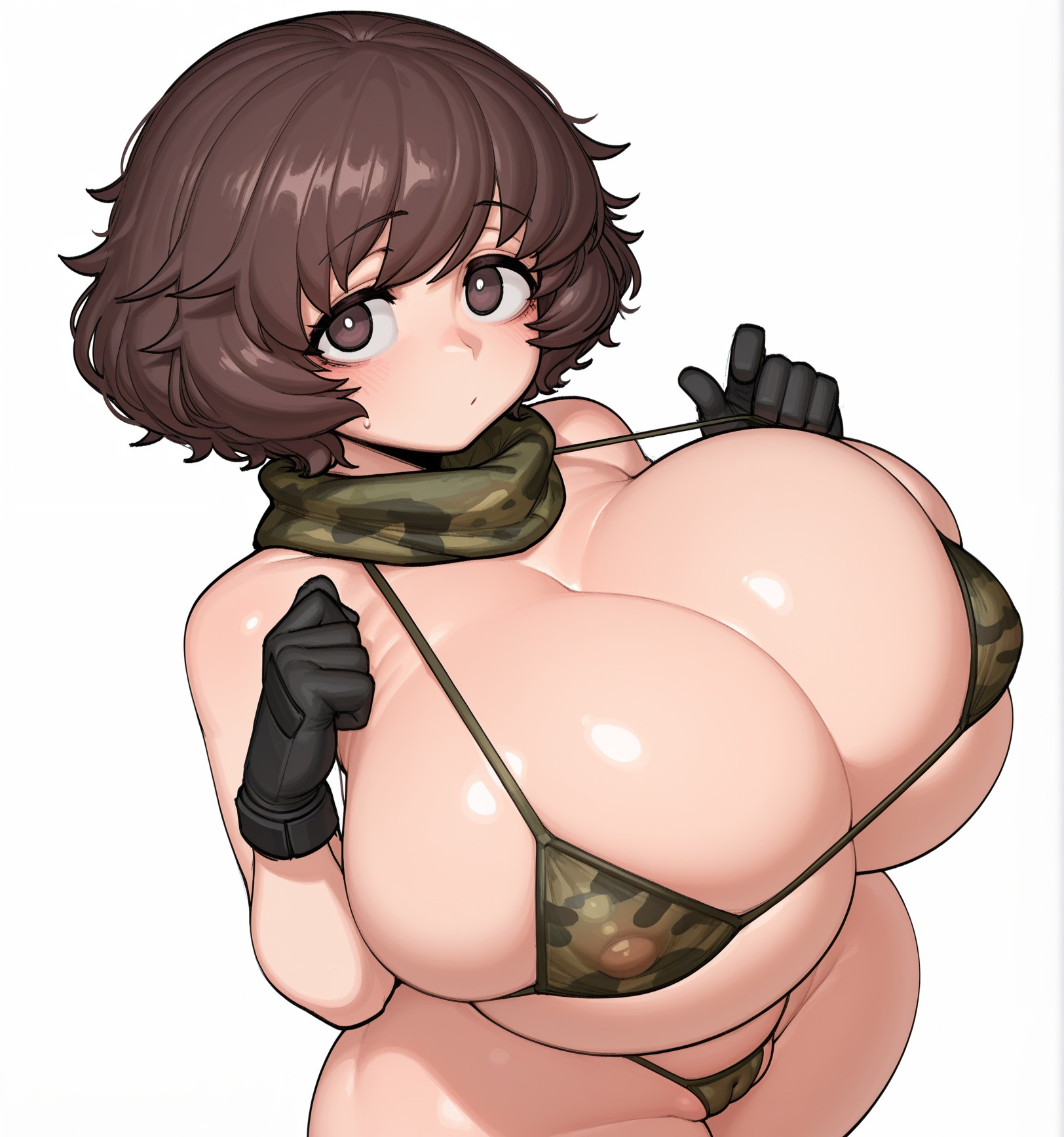 ai generated, akiyama yukari, baxx15, black gloves, breasts, breasts bigger than head, breasts bigger than torso, brown eyes, brown hair, bursting breasts, cameltoe, camouflage, camouflage bikini, camouflage micro bikini, cleavage, covered nipples, curvy, erect nipples under clothes, female, fluffy hair, from above, front view, gigantic ass, gigantic breasts, gigantic butt, gigantic nipples, gigantic thighs, girls und panzer, hourglass figure, huge breasts, huge butt, huge hips, hyper breasts, hyper genitalia, illustrious (stable diffusion), legs, looking at viewer, nipple indents, nipples visible through clothing, scarf, schoolgirl, simple background, solo, standing, thick thighs