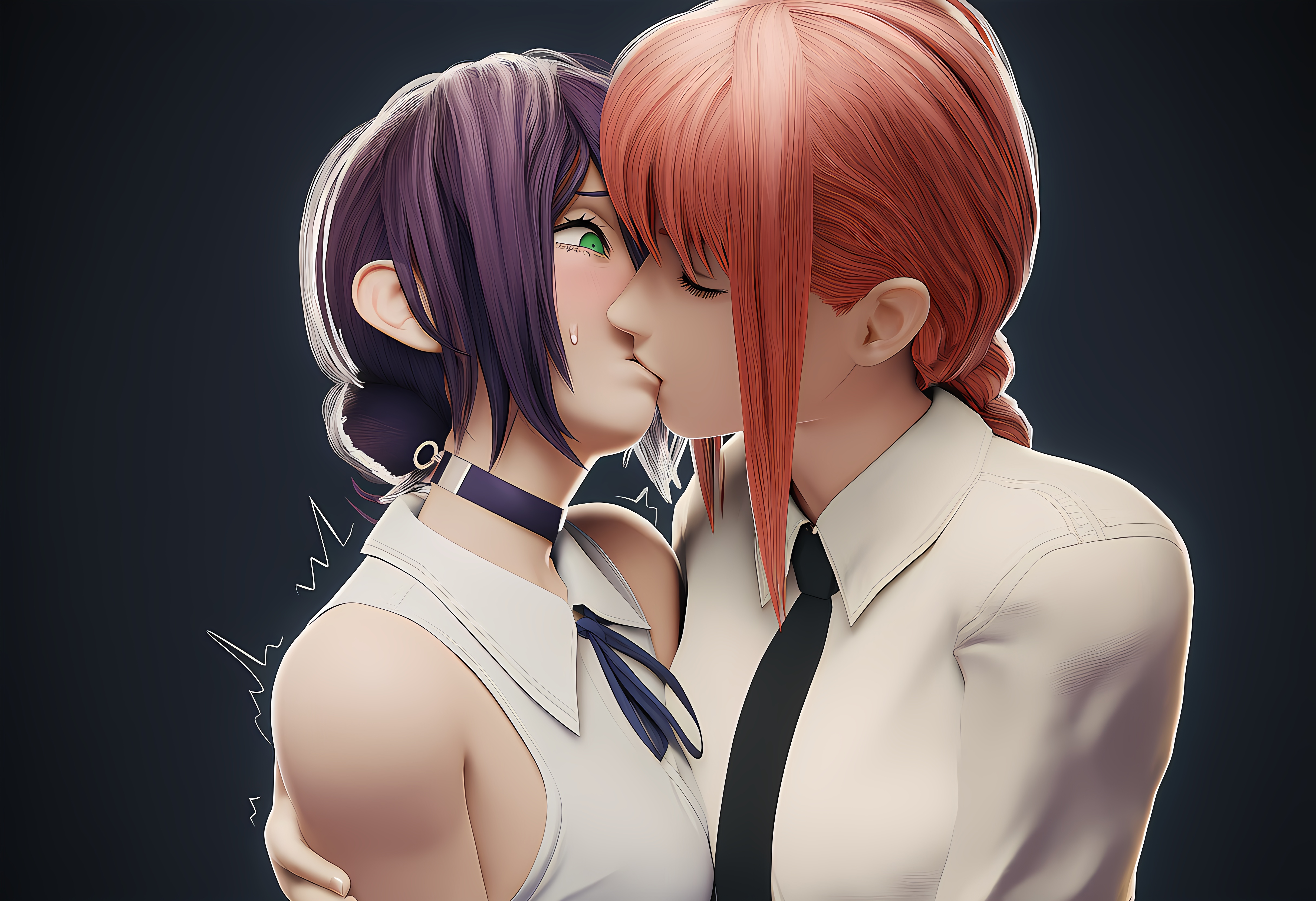 3d, ai generated, chainsaw man, cheating girlfriend, clothed, female, female in suit, female rapist, forced, forced kiss, forced yuri, futaais23, green eyes, humiliation, kissing, lesbian, lesbian kiss, makima (chainsaw man), molestation, netorare, purple hair, red hair, reze (chainsaw man), scared, shocked expression, shonen jump, shueisha, struggling, submissive, suit, twitching, yuri
