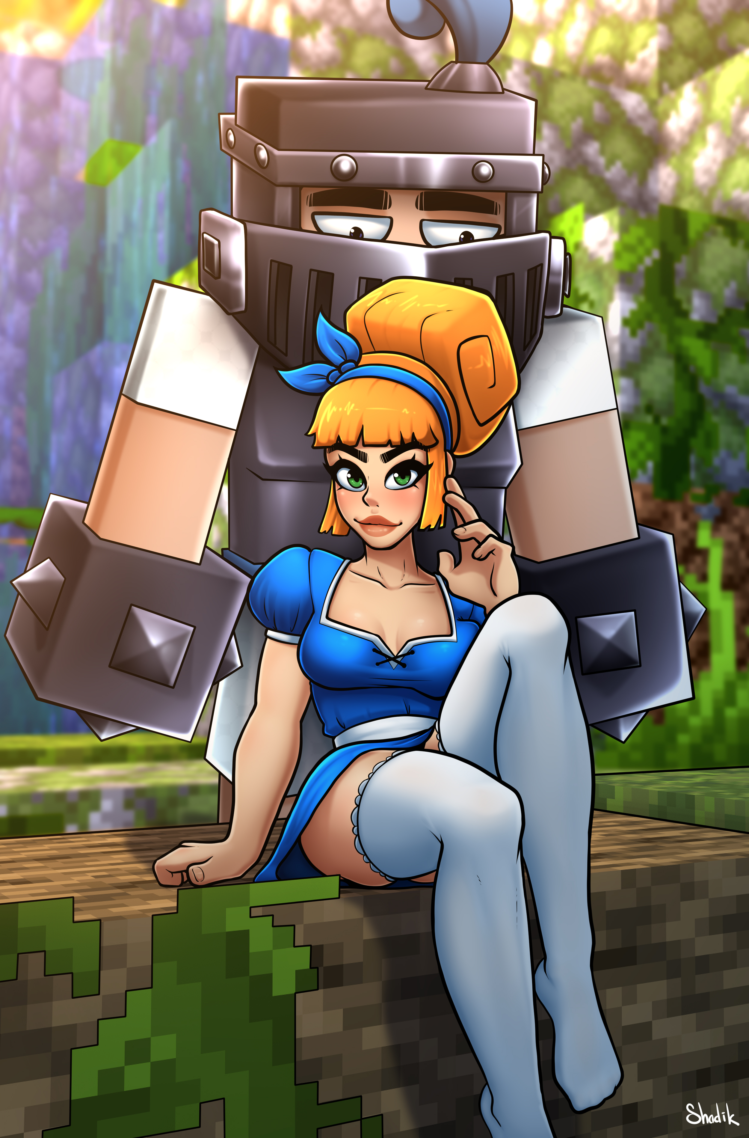 1boy, 1girls, 2d, 2d (artwork), absurd res, blonde female, blonde hair, clash (series), clash royale, cleavage, clothed, clothed female, clothing, dagger duchess (clash royale), female focus, green eyes, hornycraftgame, mega knight (clash royale), minecraft, royalty, thighhighs, thighs, white thighhighs