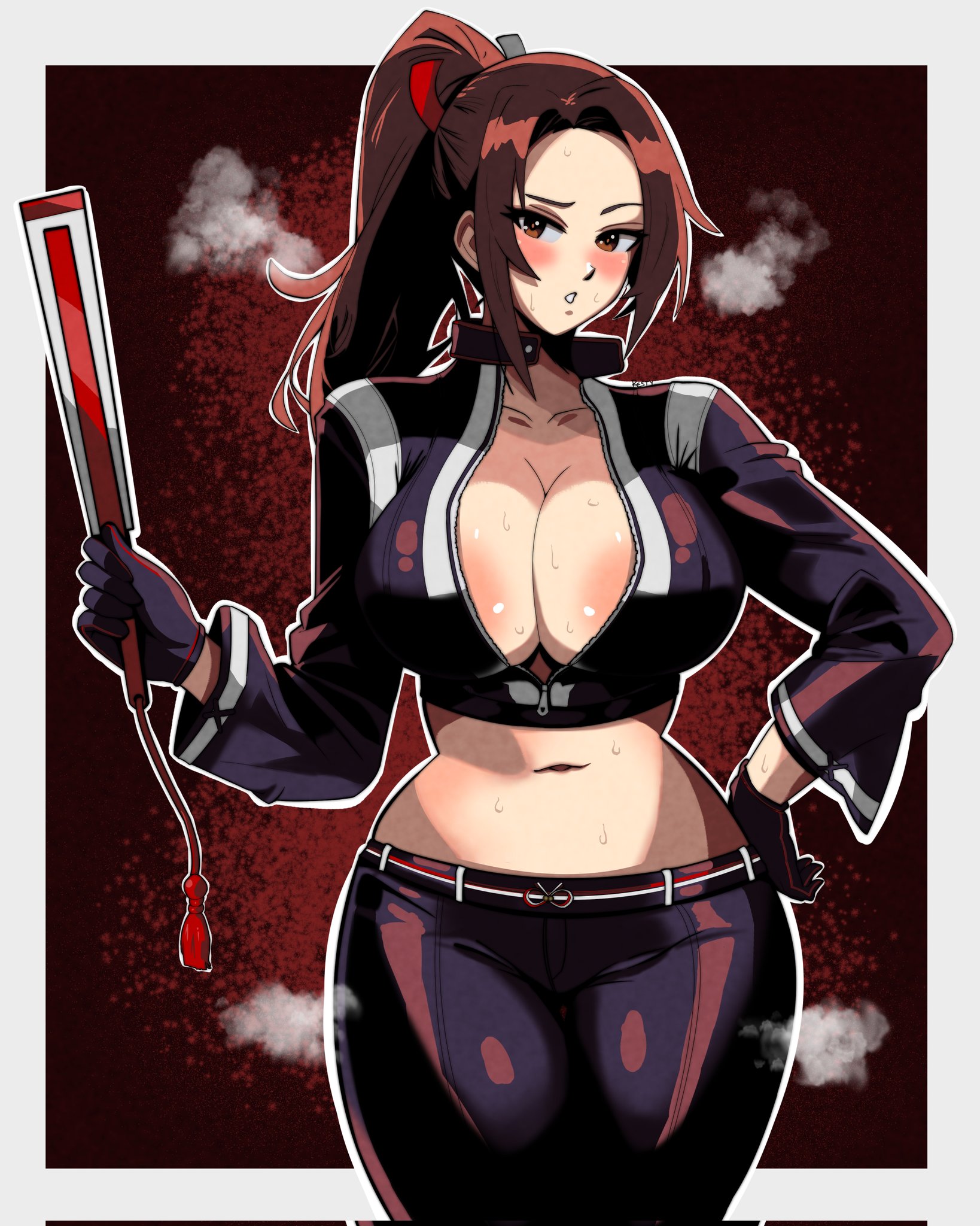 1girls, biker clothes, black bodysuit, black pants, bodysuit, brown eyes, brown hair, capcom, cowboy shot, cropped jacket, fan, fatal fury, fatal fury: city of the wolves, female, female focus, female only, folding fan, gloves, hand fan, hand on own hip, highres, holding, holding fan, jacket, king of fighters, leather, leather jacket, leather pants, mai shiranui, mai shiranui (city of the wolves), midriff, navel, pants, partially unzipped, ponytail, restydraws, restyzesty, snk, solo, street fighter, street fighter 6, sweat