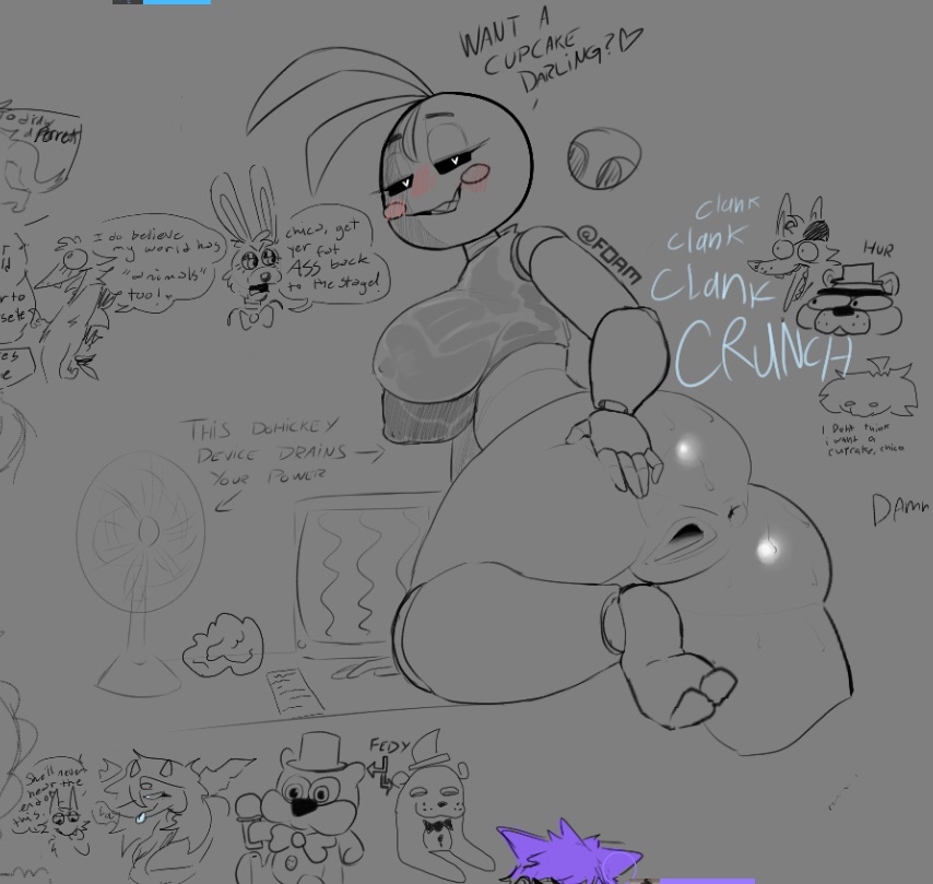 animatronic, ass, breasts, dialogue, female, five nights at freddy's, five nights at freddy's 2, fnaf, foam 33, huge ass, low-angle view, one leg up, pussy, robot, self upload, sketch, sketch page, spread legs, spread pussy, toy chica (fnaf)