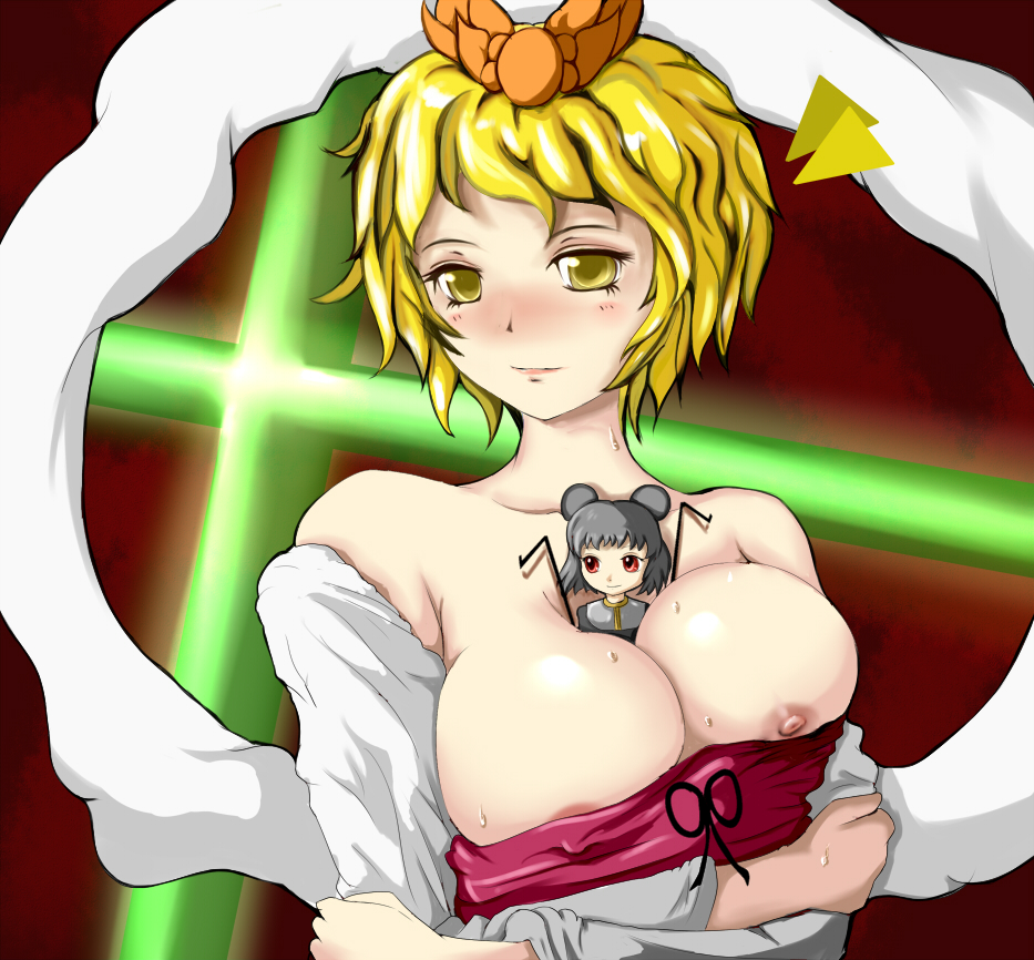 2girls animal_ears between_breasts blonde_hair breasts dowsing_rod giantess hair_ornament large_breasts macro_female micro_female micro_in_cleavage micro_on_macro mouse_ears multiple_girls nazrin nipple_slip nipples person_between_breasts red_eyes short_hair toramaru_shou touhou yellow_eyes