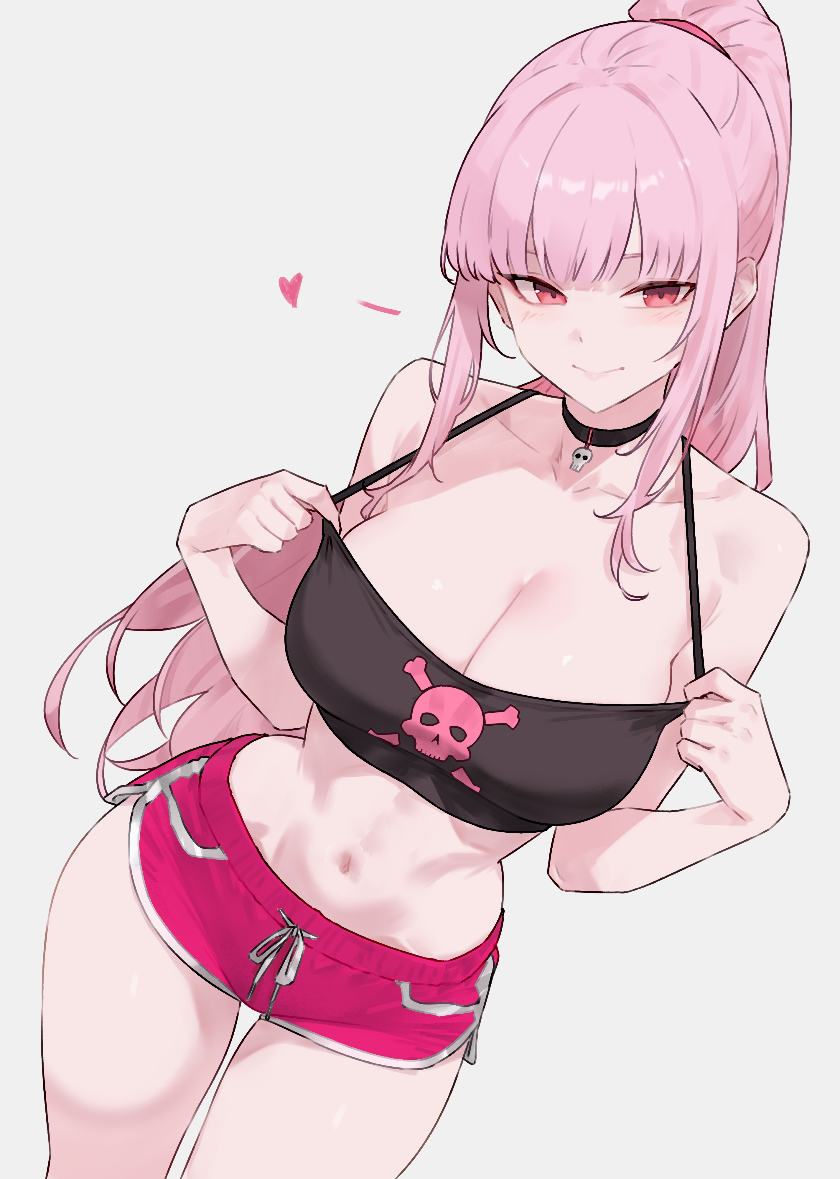 1girls, absurdres, alternate costume, black choker, bluefield, breasts, choker, cleavage, collarbone, dolphin shorts, female, female only, heart, highres, hololive, hololive english, hololive myth, hourglass figure, large breasts, light-skinned female, long hair, looking at viewer, midriff, mori calliope, navel, pink hair, pink shorts, ponytail, red eyes, revealing clothes, short shorts, shorts, skull ornament, slim waist, small waist, smile, solo, stomach, virtual youtuber