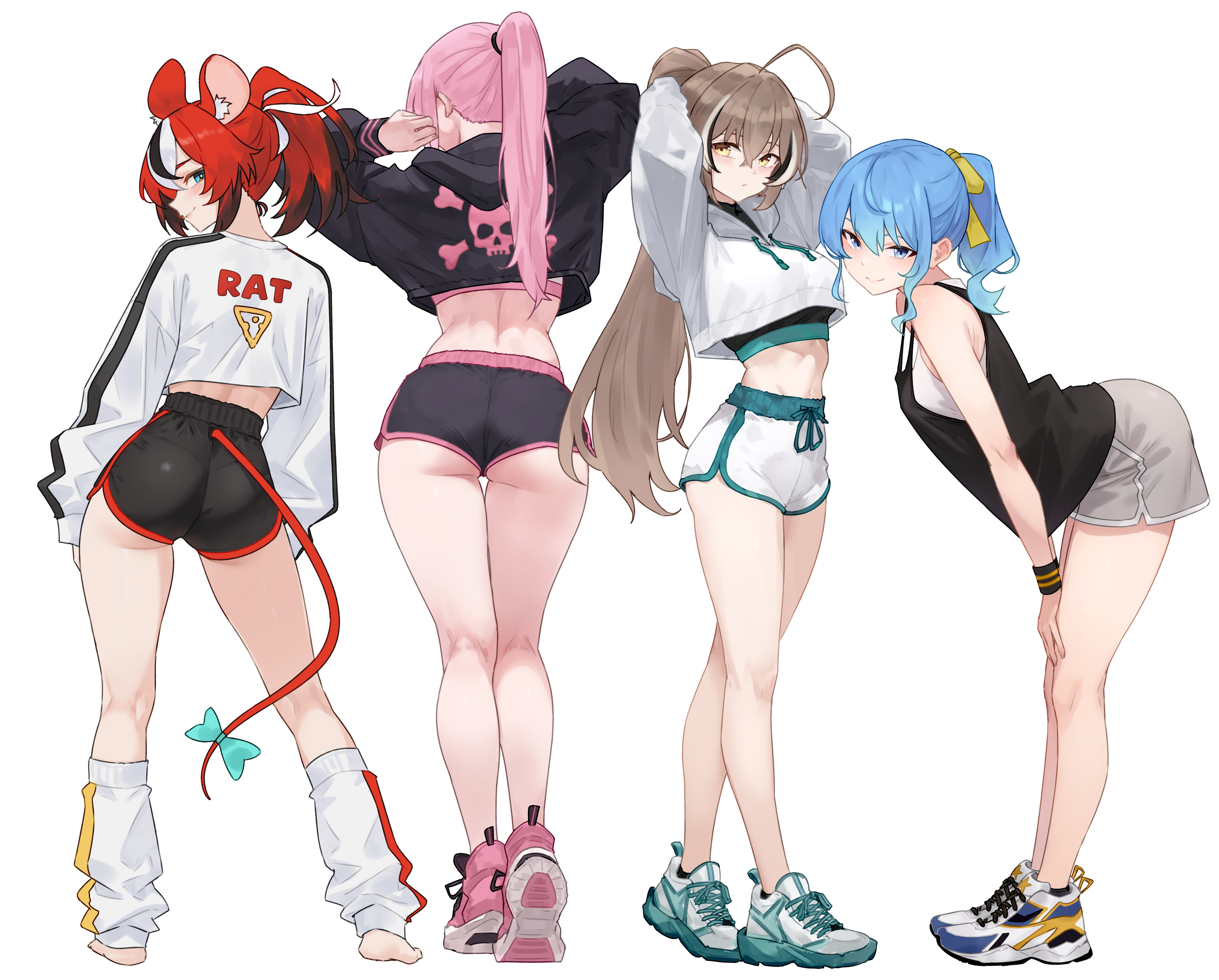 4girls, absurdres, ahoge, alternate costume, animal ear fluff, animal ears, arms up, ass, bare arms, barefoot, black hair, black jacket, black shirt, black shorts, black sports bra, blue eyes, blue hair, bluefield, blush, bow, breasts, brown hair, casual, closed mouth, clothes writing, colored tips, crop top, cropped shirt, dolphin shorts, facing away, female, female only, from behind, full body, green shoes, grey background, grey hair, grey shorts, hair ribbon, hakos baelz, high-waist shorts, highres, hololive, hololive english, hololive english -council-, hololive english -promise-, hololive gen 0, hololive japan, hololive myth, hoshimachi suisei, jacket, kneepits, large breasts, leaning forward, leg warmers, long hair, long sleeves, looking at viewer, looking back, median furrow, mori calliope, mouse ears, mouse girl, mouse tail, multicolored hair, multiple females, multiple girls, nanashi mumei, pink hair, pink shoes, ponytail, red hair, ribbon, shirt, shoe soles, shoes, short hair, short shorts, shorts, simple background, skull print, sleeveless, sleeveless shirt, smile, sneakers, sports bra, sportswear, standing, star (symbol), star in eye, streaked hair, symbol in eye, tail, tail bow, tail ornament, thighs, two-tone background, underbutt, virtual youtuber, white background, white hair, white jacket, white shirt, white shorts, yellow eyes, yellow ribbon