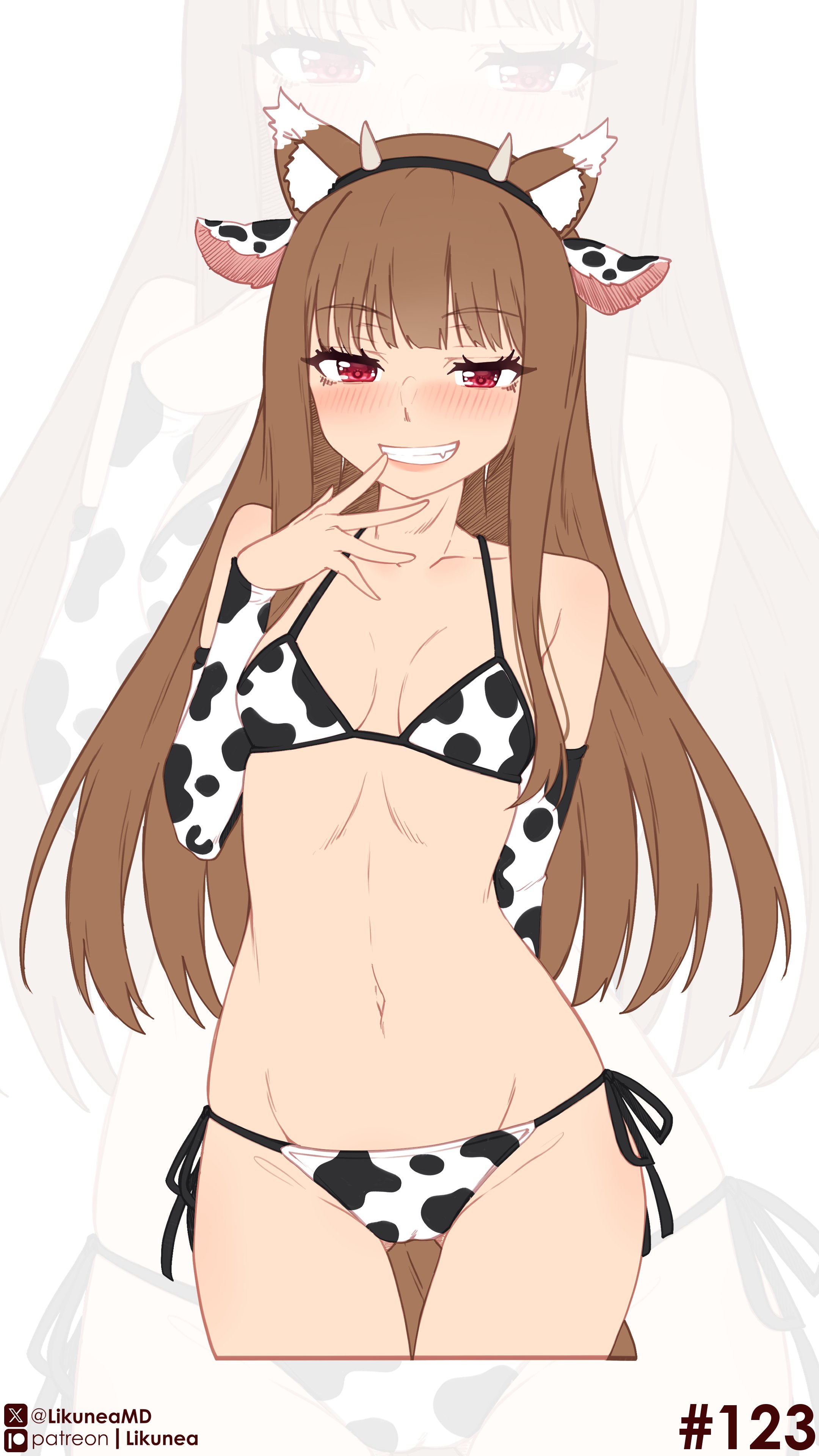 1girls, animal ears, animal tail, bikini, breasts, brown hair, brown hair female, brown-haired female, cameltoe, clothed, costume, cow print, cow print armwear, cow print bikini, cute fang, fake cow ears, fake cow horns, female, female only, fluffy, fluffy tail, highres, holo, kemonomimi, likunea, long hair, long hair female, long-haired female, looking at viewer, medium breasts, red eyes, red eyes female, red-eyed female, skinny, smiling, smiling at viewer, sole female, spice and wolf, tagme, tail, wolf ears, wolf girl, wolf tail
