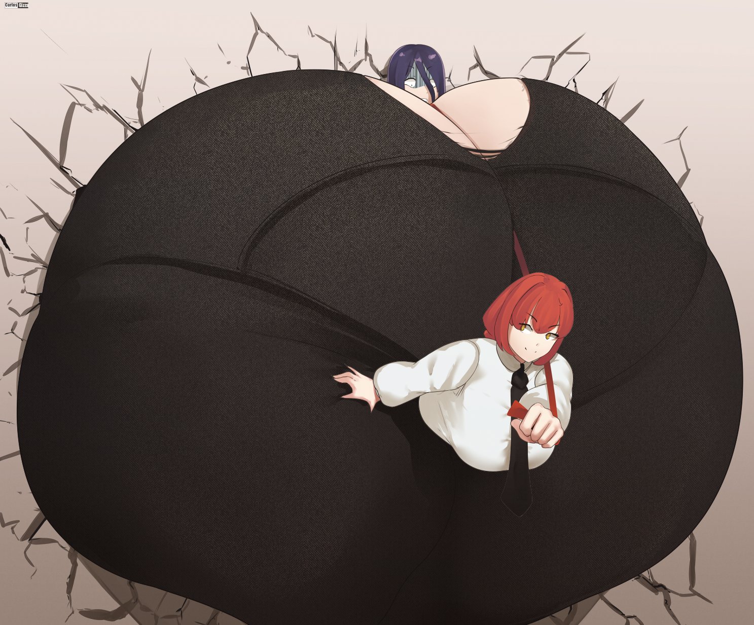 2girls, ass bigger than body, ass bigger than head, ass bigger than torso, ass body, carlosgizza, chainsaw man, colossal ass, female, hyper, hyper ass, hyper bottom half, makima (chainsaw man), makima fart inflation, meme, reze (chainsaw man), tagme, yuri